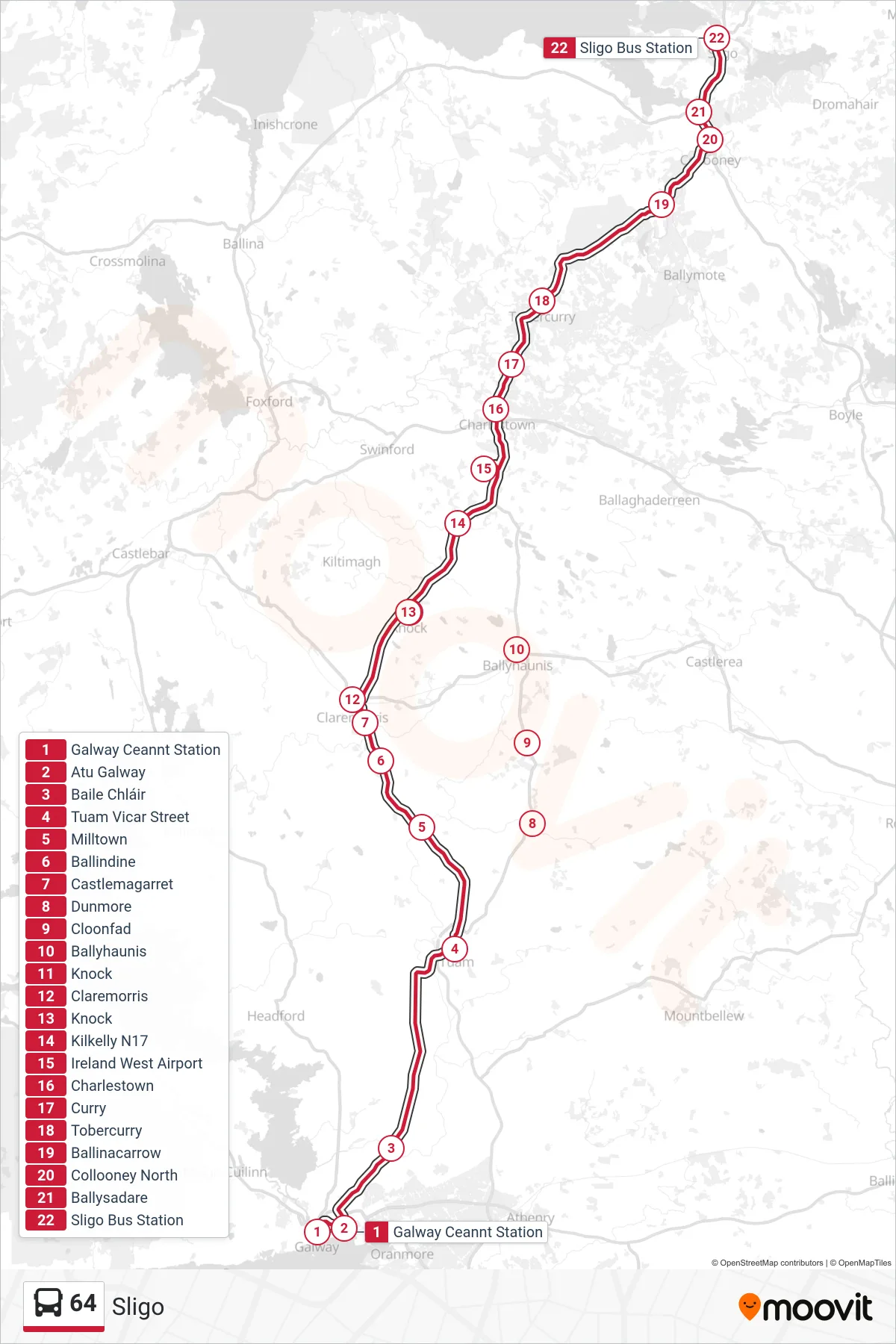 64 bus Line (Sligo) route and stops on a map