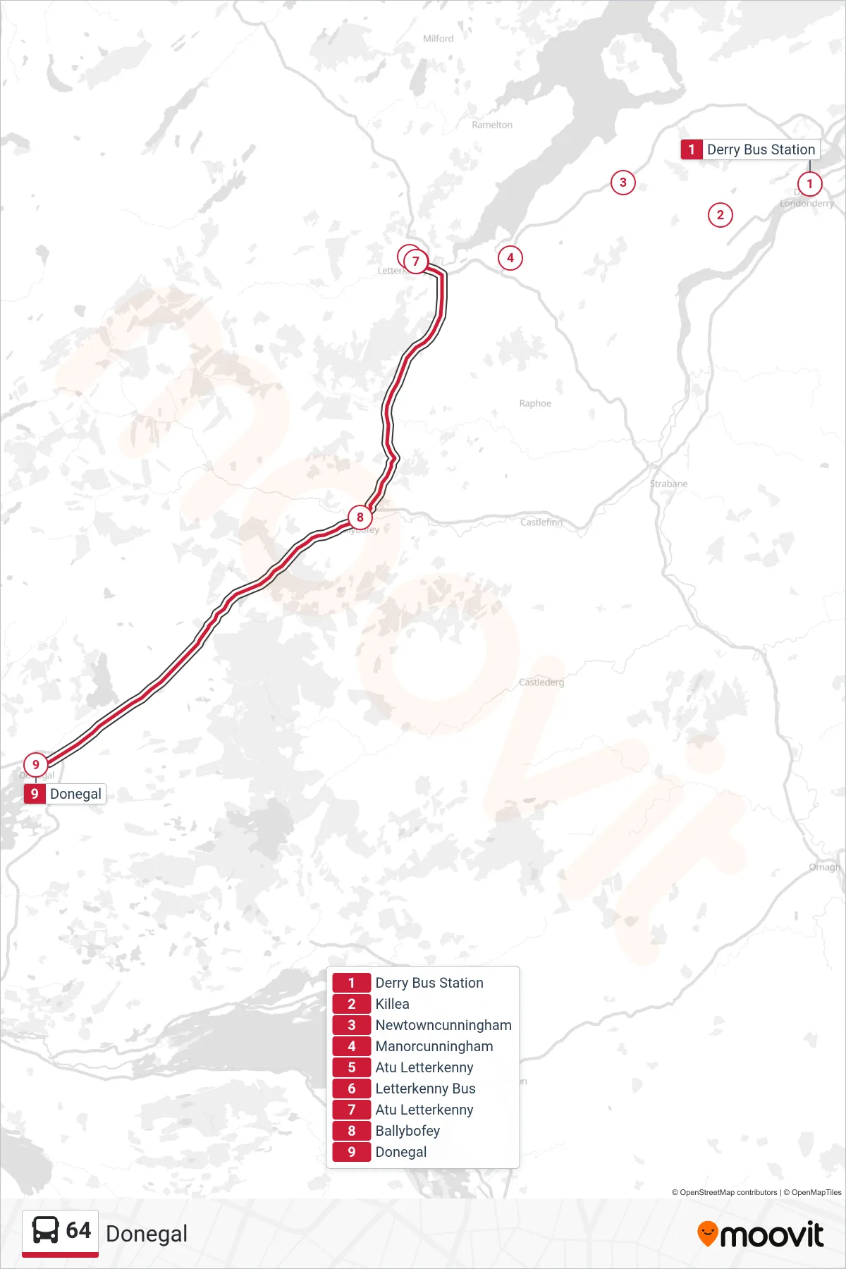 64 bus Line (Donegal) route and stops on a map