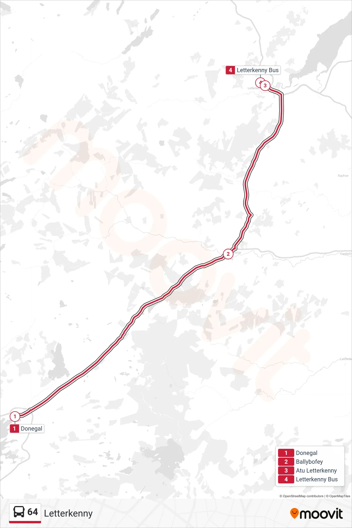 64 bus Line (Letterkenny) route and stops on a map