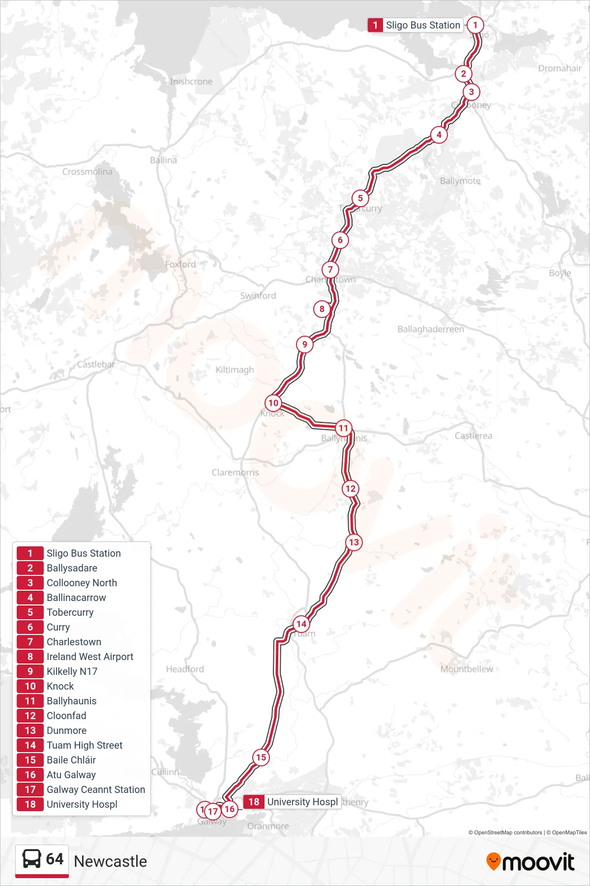 64 bus Line (Newcastle) route and stops on a map