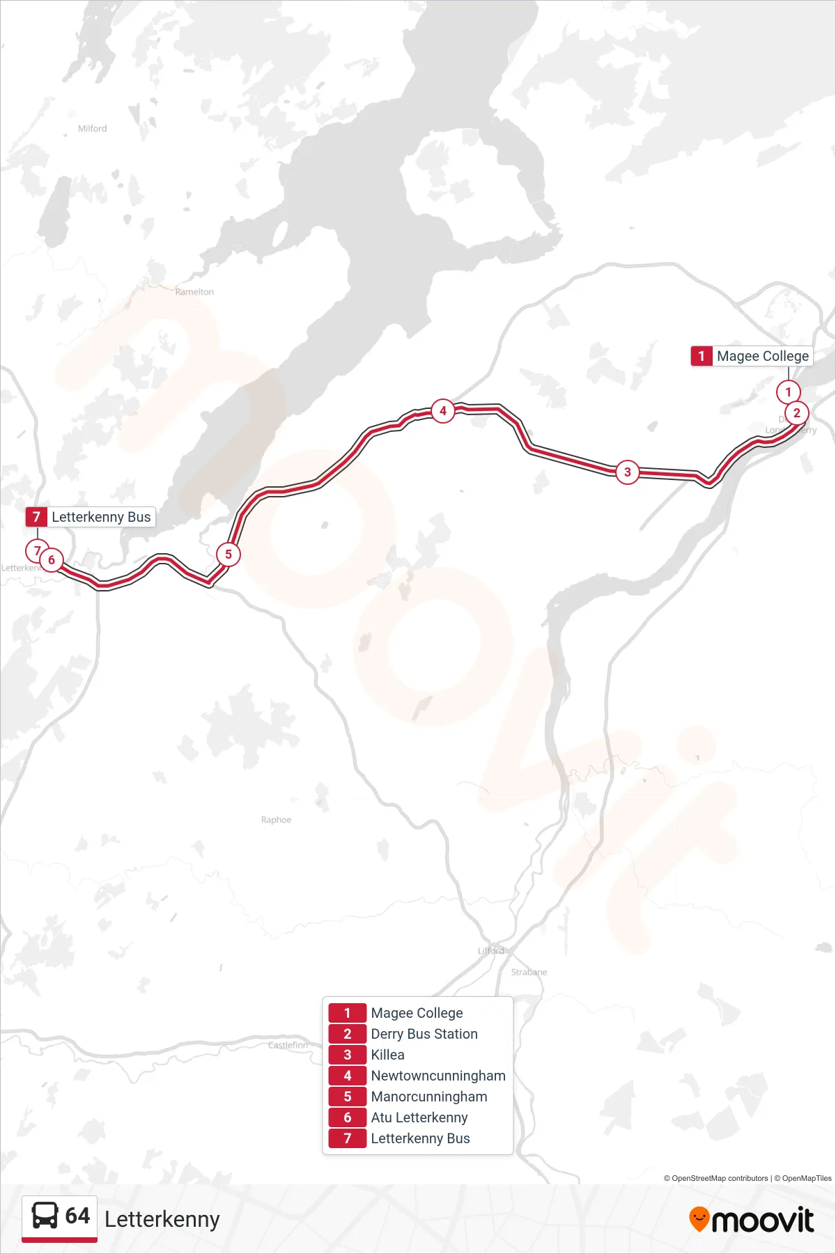 64 bus Line (Letterkenny) route and stops on a map