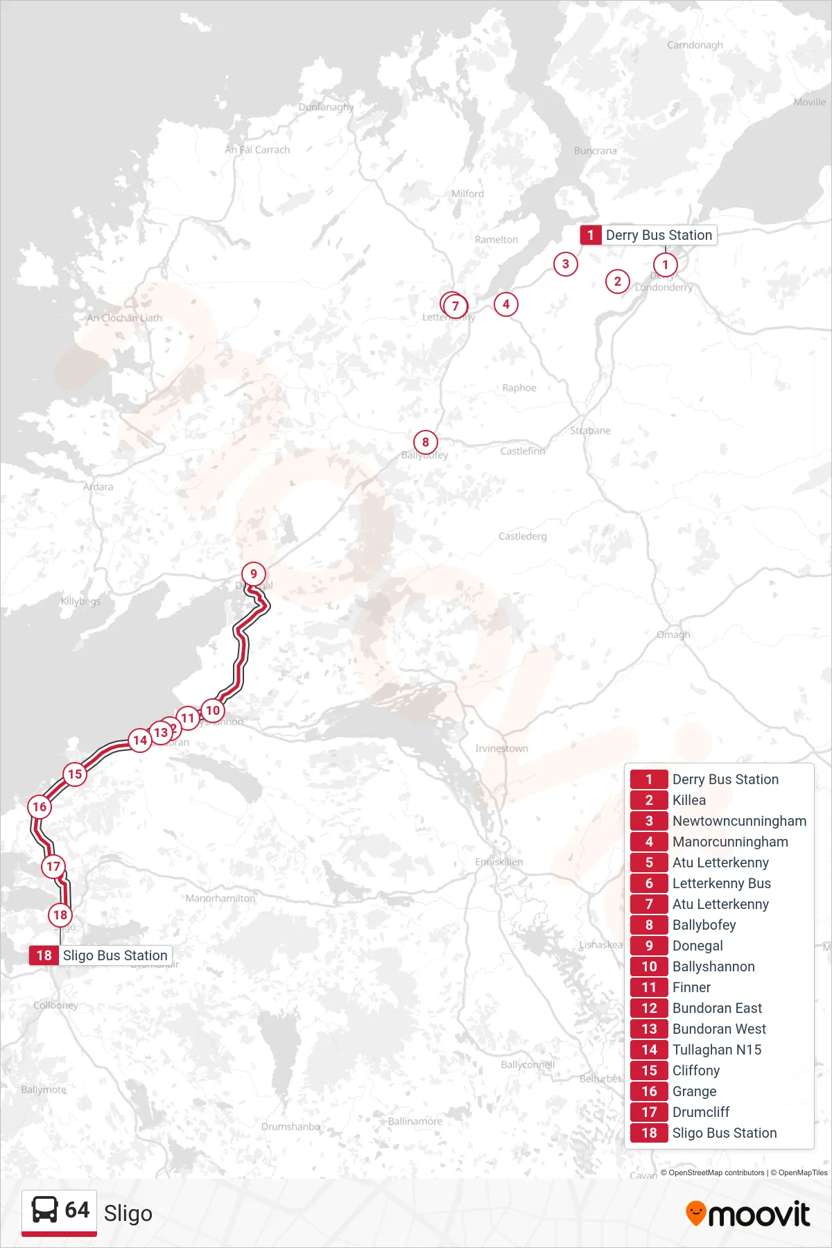 64 bus Line (Sligo) route and stops on a map