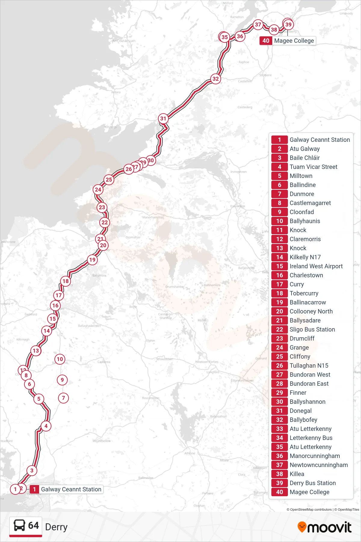 64 bus Line (Derry) route and stops on a map