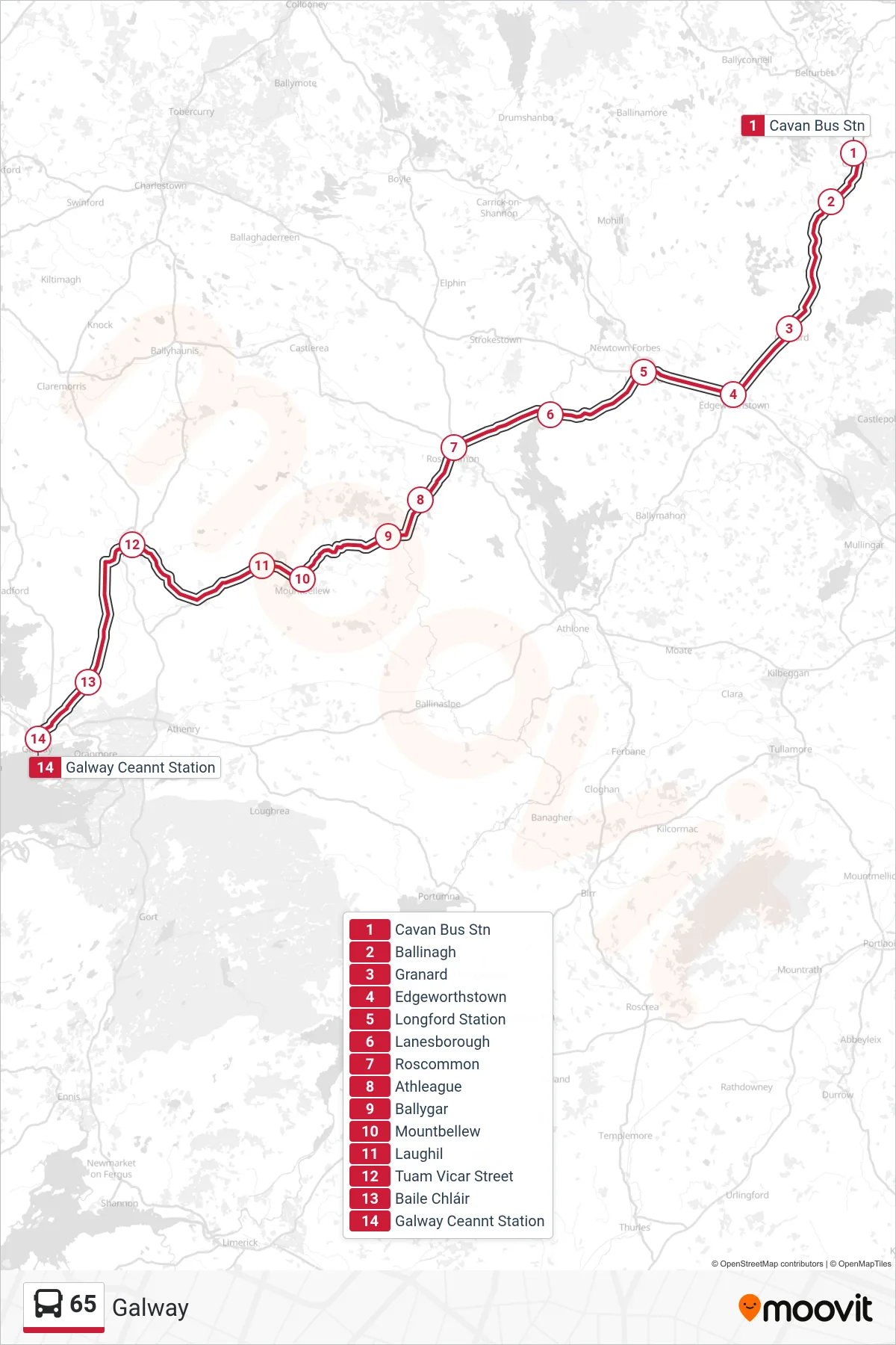 65 bus Line (Galway) route and stops on a map