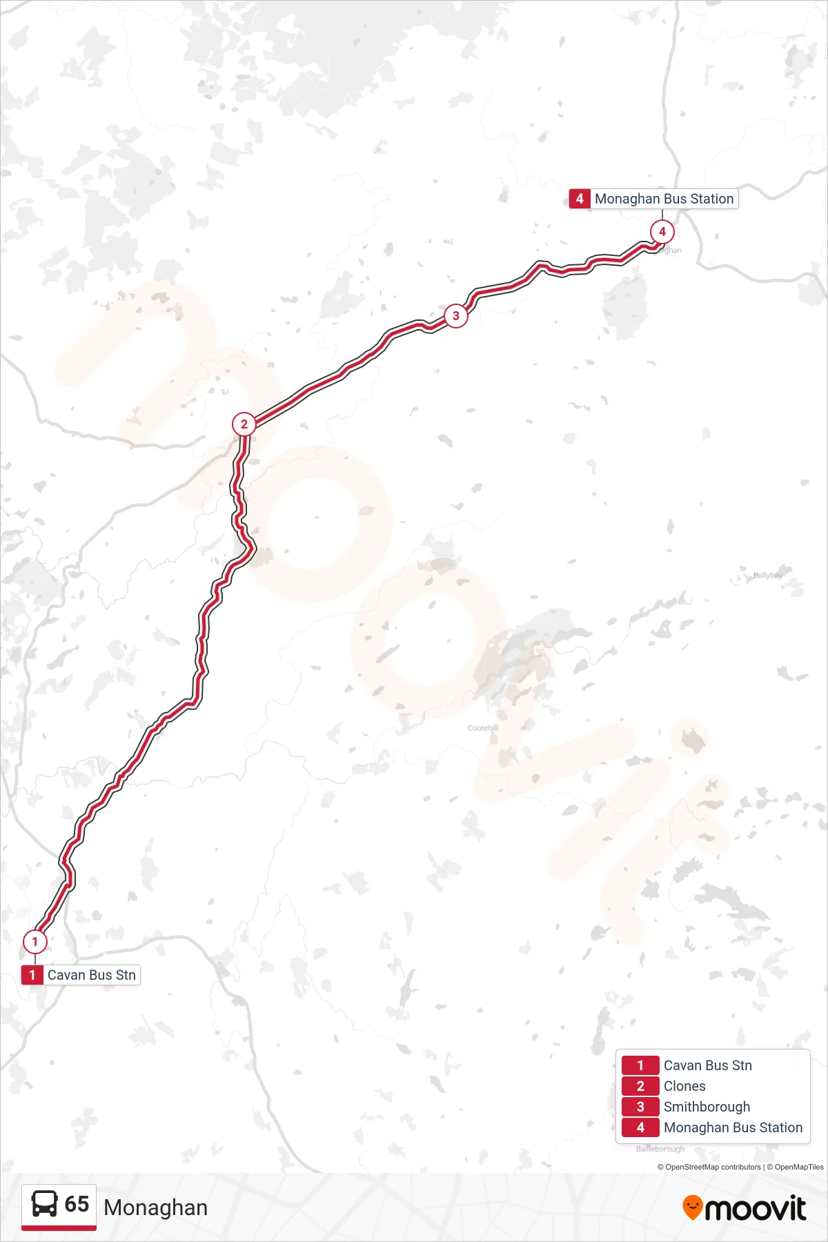 65 bus Line (Monaghan) route and stops on a map