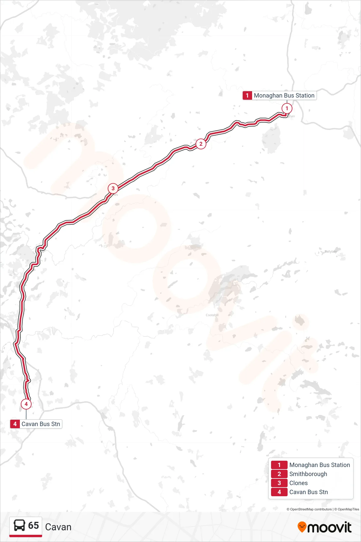 65 bus Line (Cavan) route and stops on a map