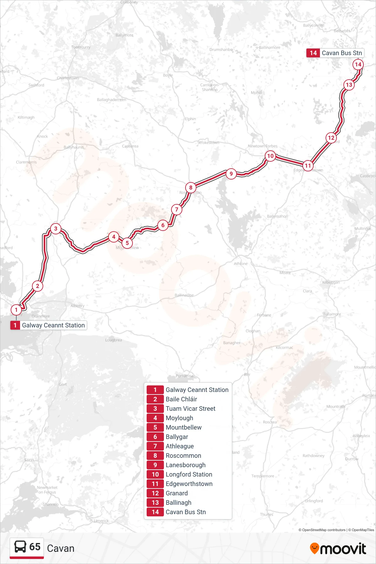 65 bus Line (Cavan) route and stops on a map