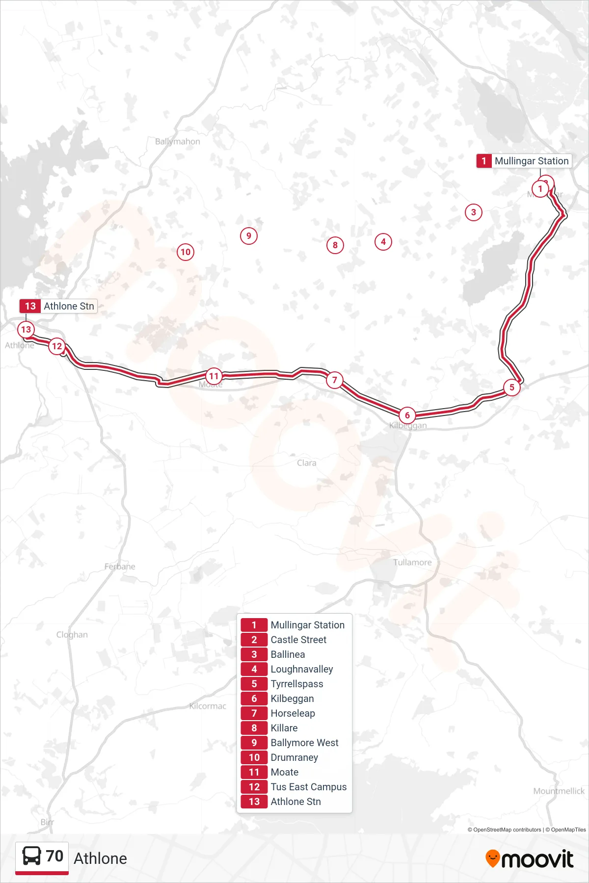 70 bus Line (Athlone) route and stops on a map