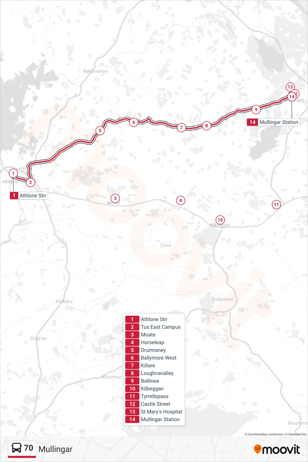 70 bus Line (Mullingar) route and stops on a map