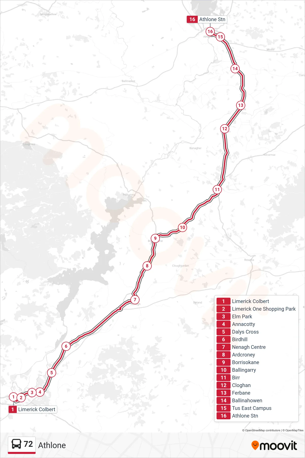 72 bus Line (Athlone) route and stops on a map