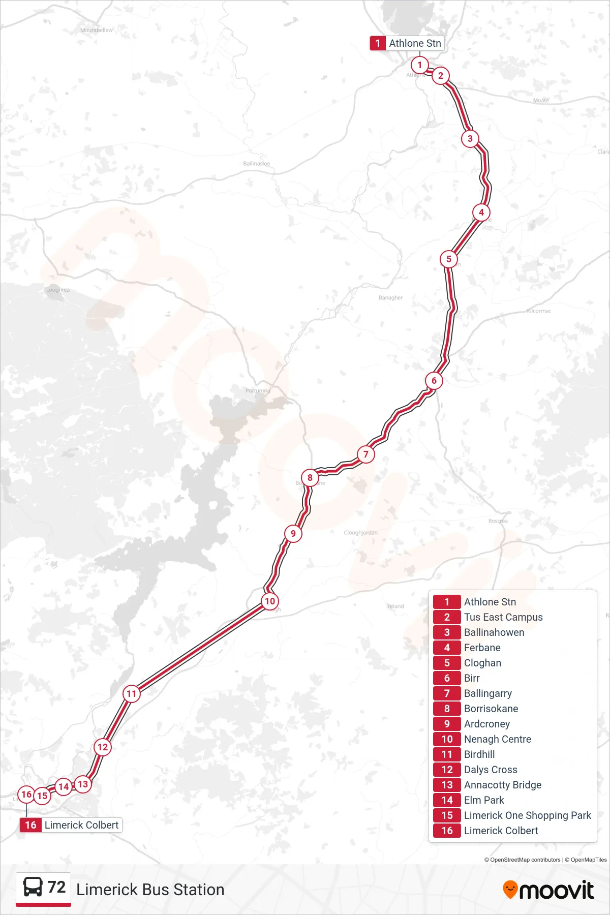 72 bus Line (Limerick Bus Station) route and stops on a map