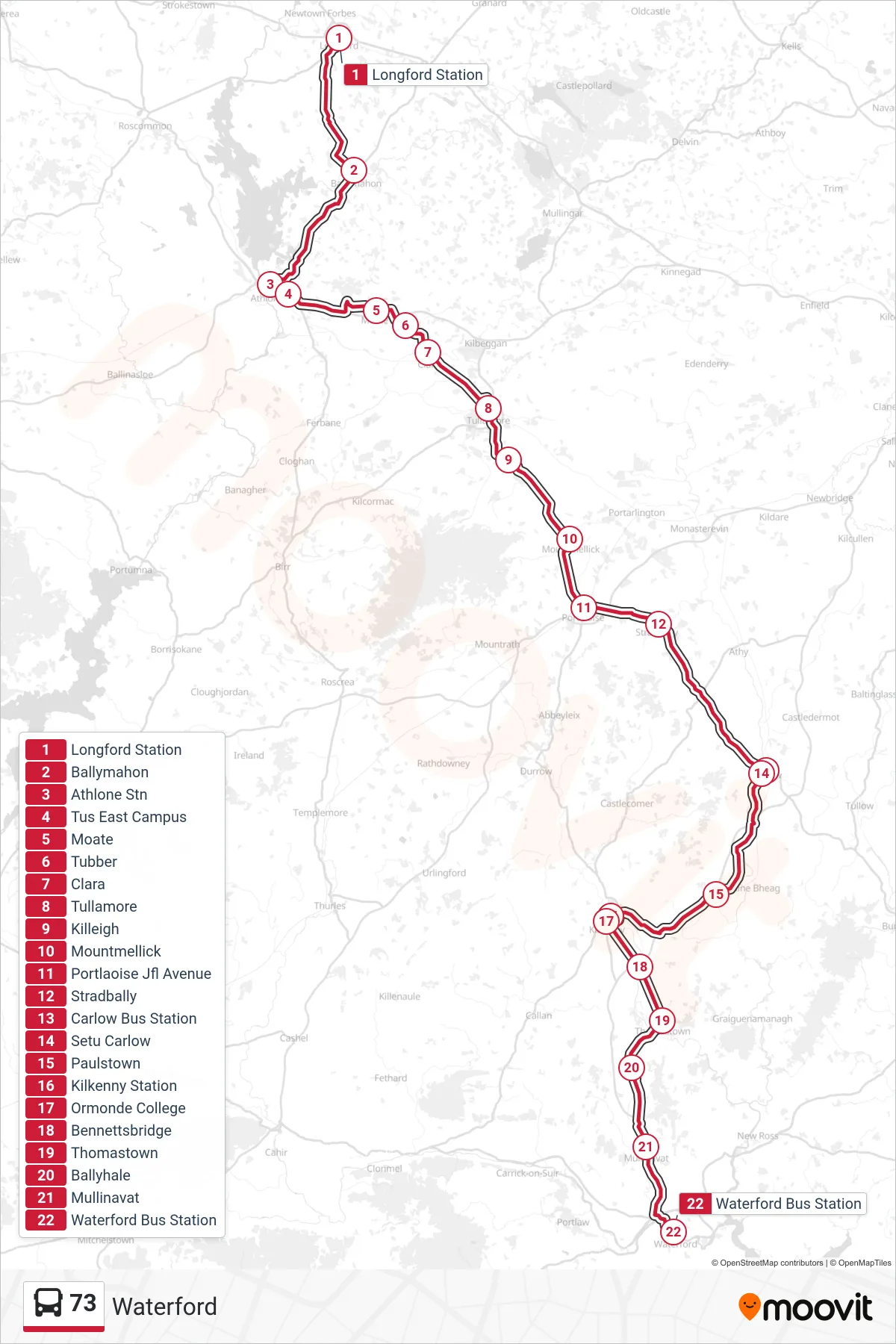 73 bus Line (Waterford) route and stops on a map
