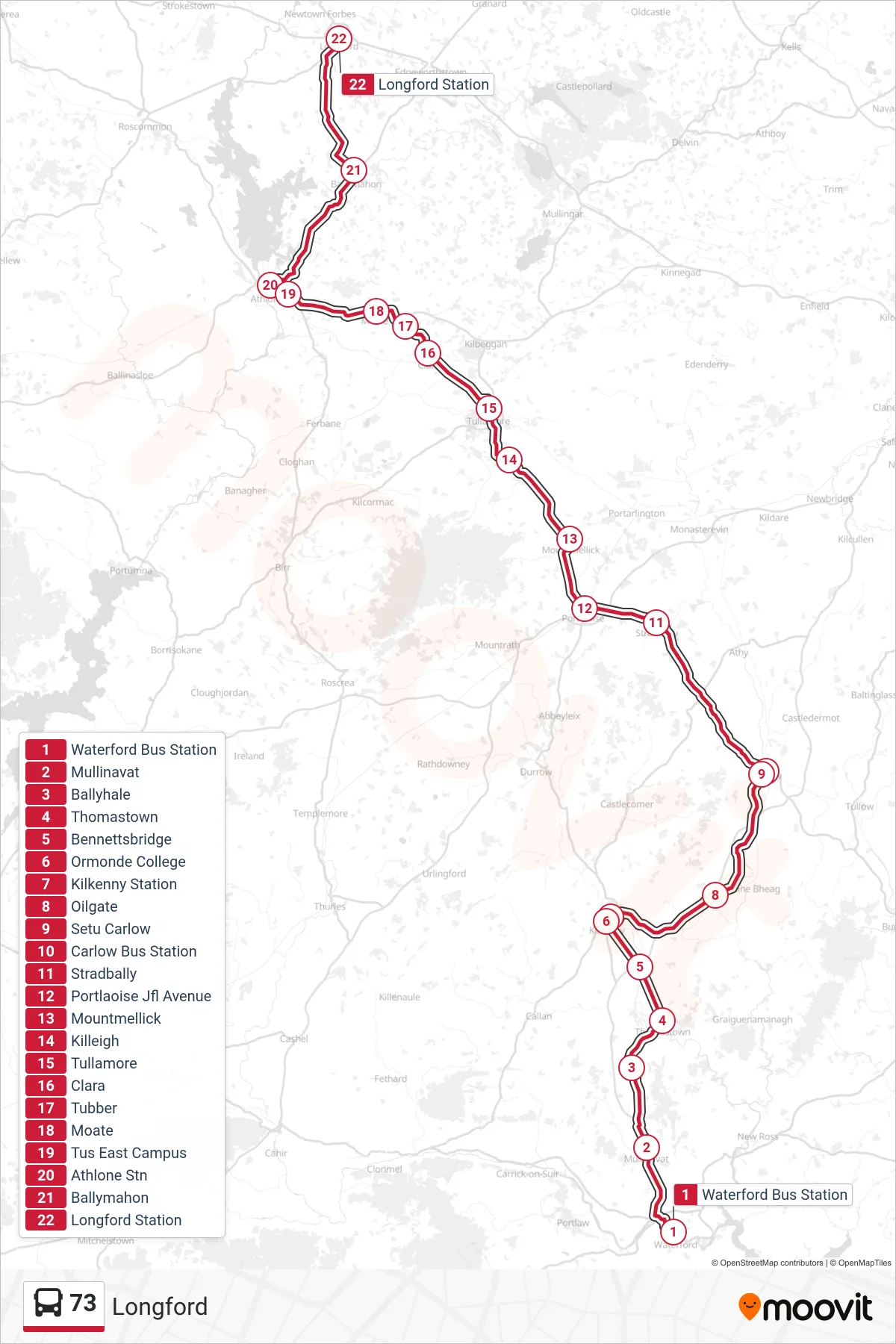 73 bus Line (Longford) route and stops on a map