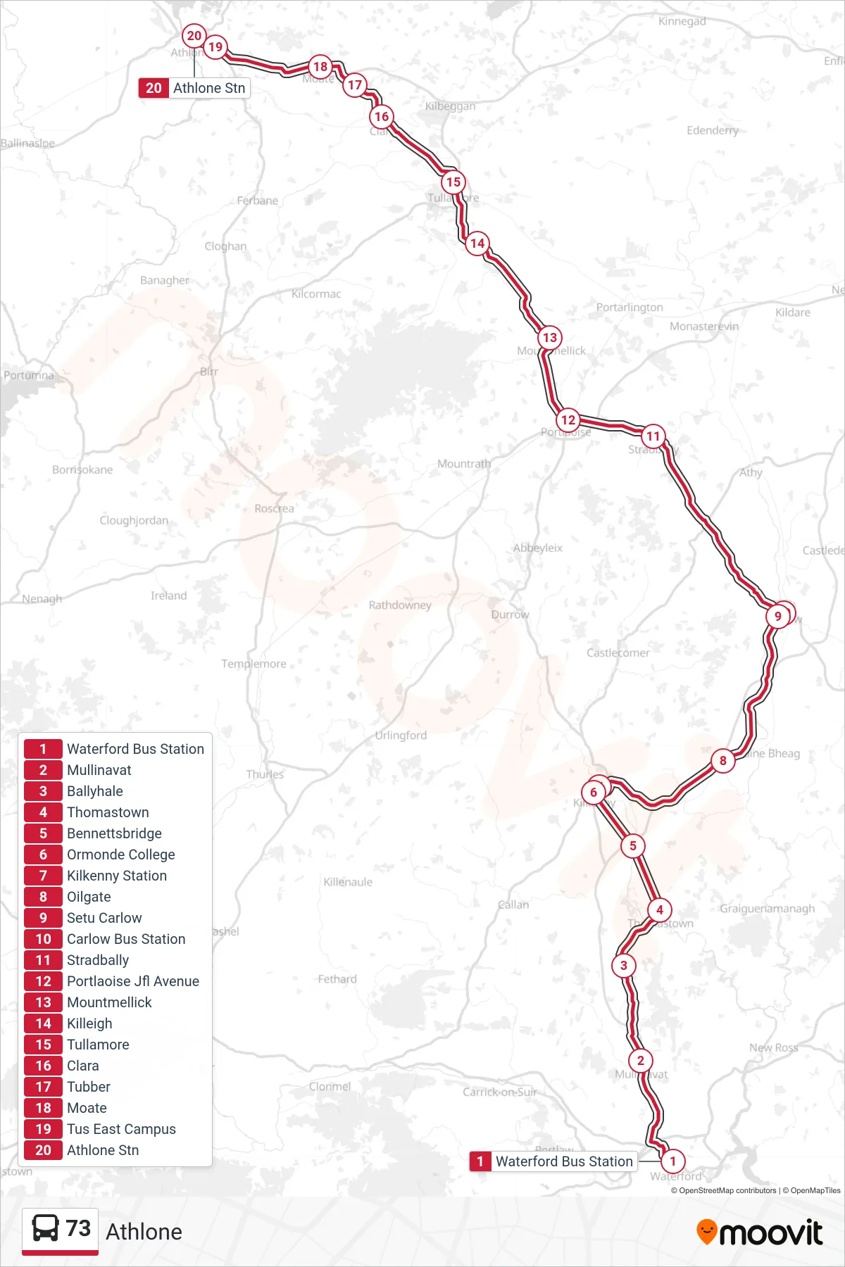 73 bus Line (Athlone) route and stops on a map