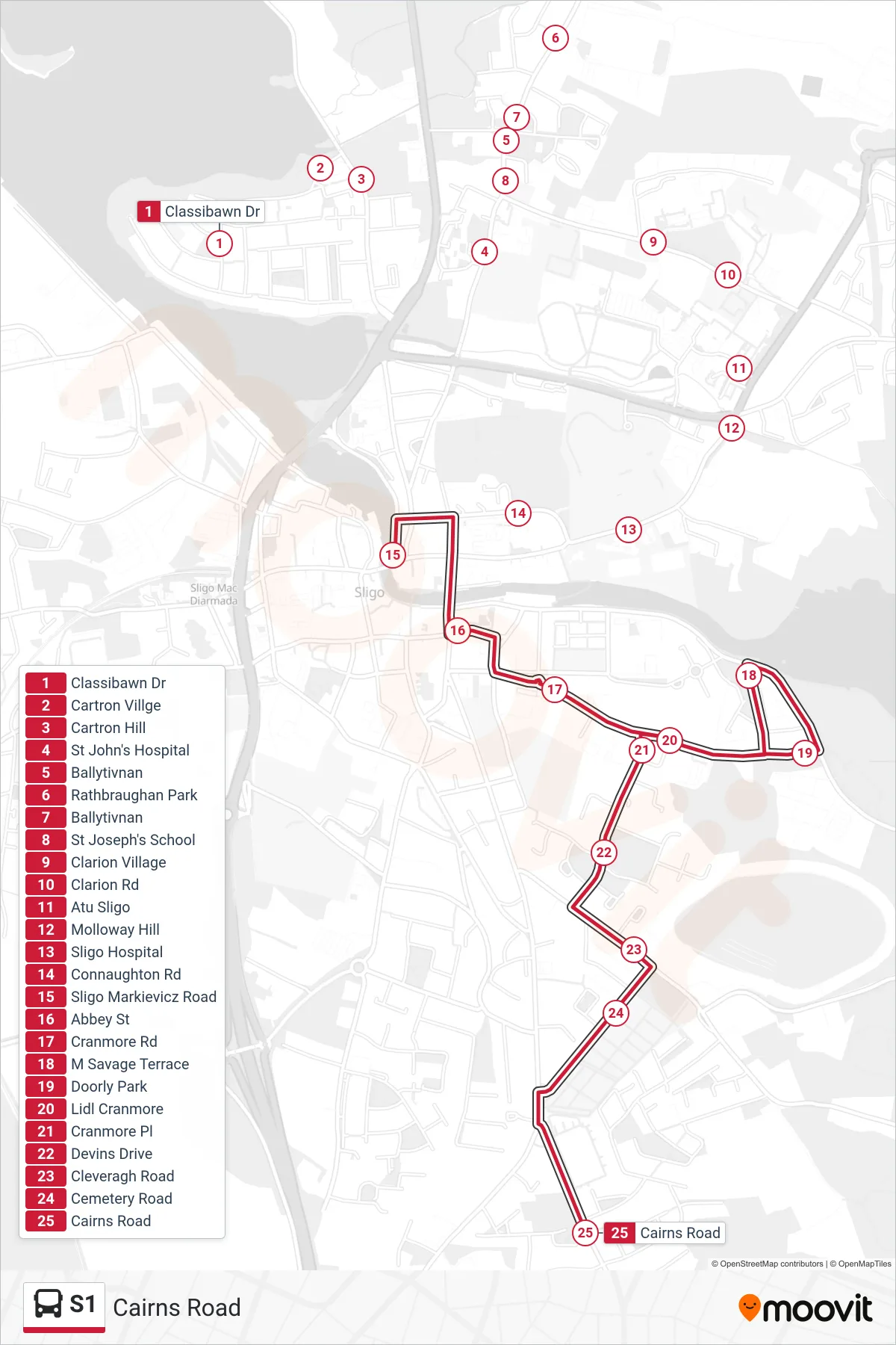 S1 bus Line (Cairns Road) route and stops on a map
