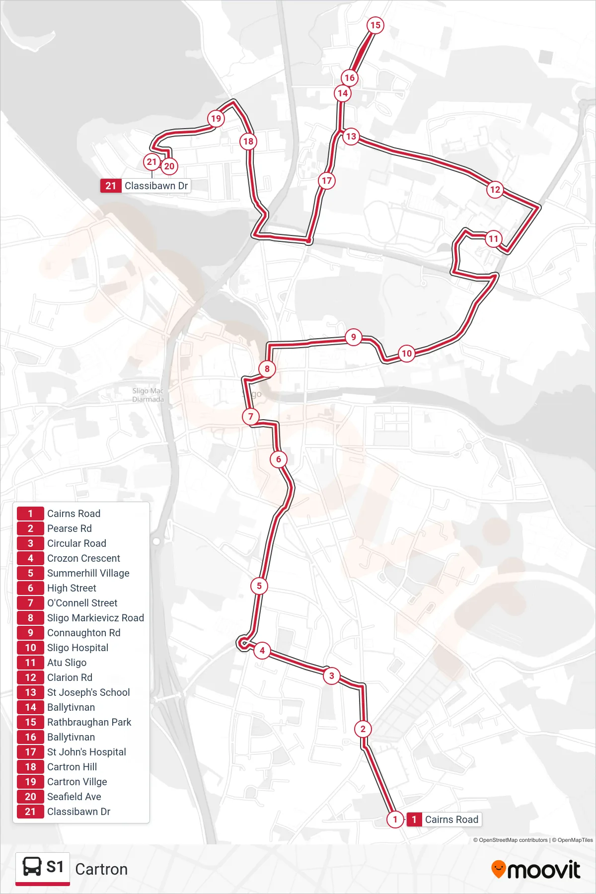 S1 bus Line (Cartron) route and stops on a map