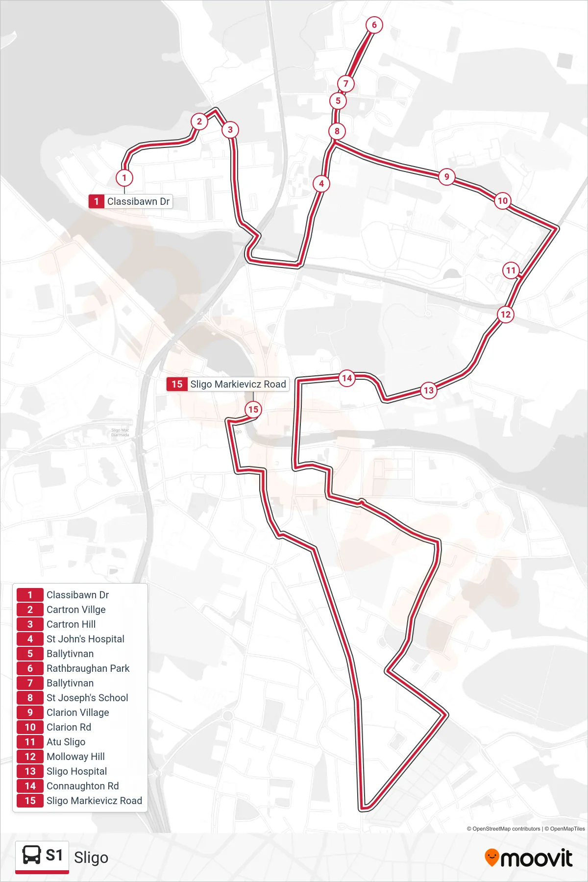 S1 bus Line (Sligo) route and stops on a map