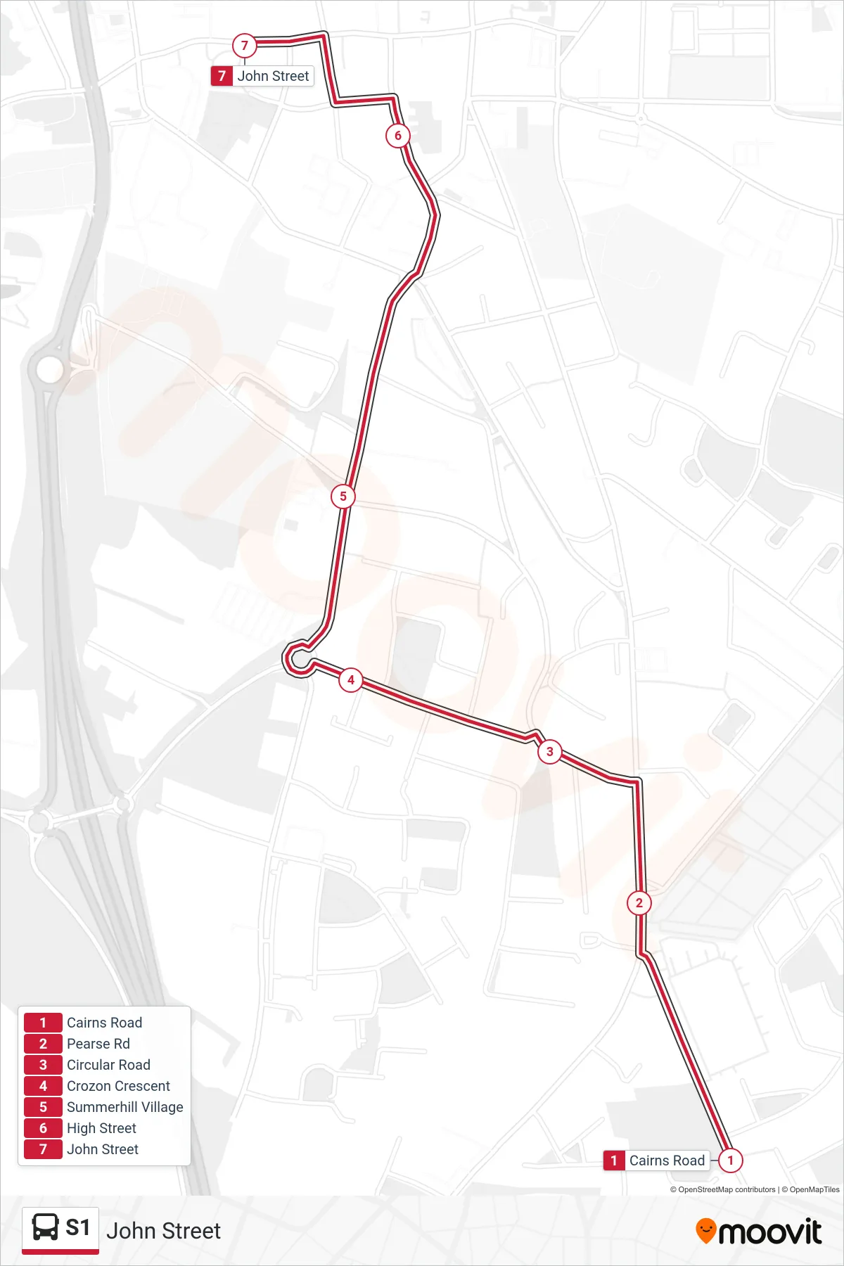 S1 bus Line (John Street) route and stops on a map