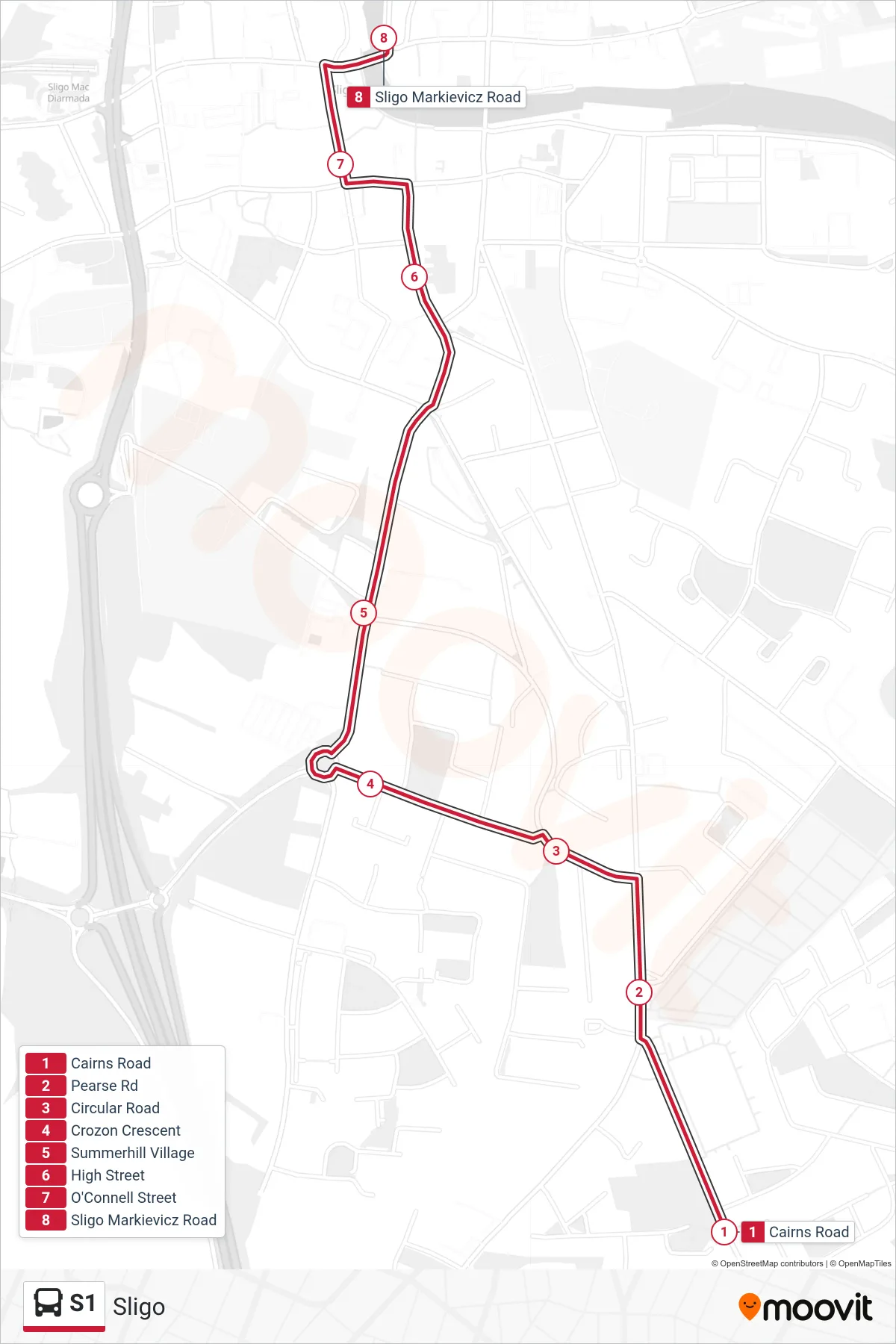 S1 bus Line (Sligo) route and stops on a map
