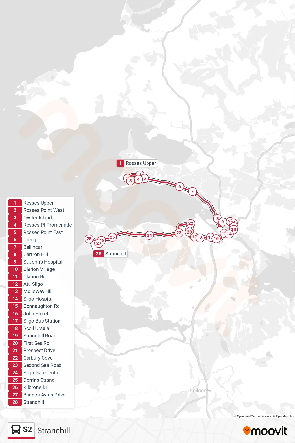 S2 bus Line (Strandhill) route and stops on a map