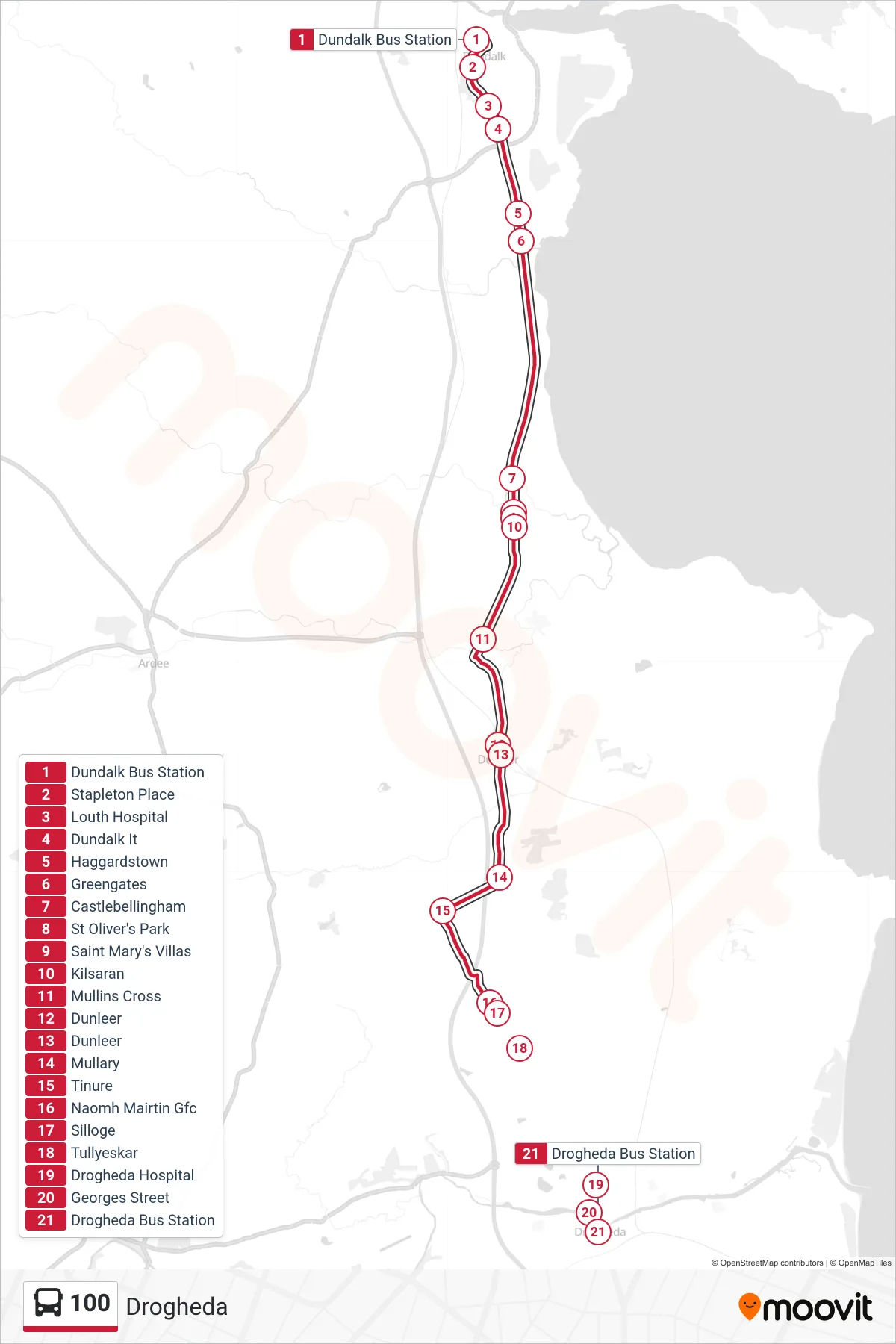 100 bus Line (Drogheda) route and stops on a map