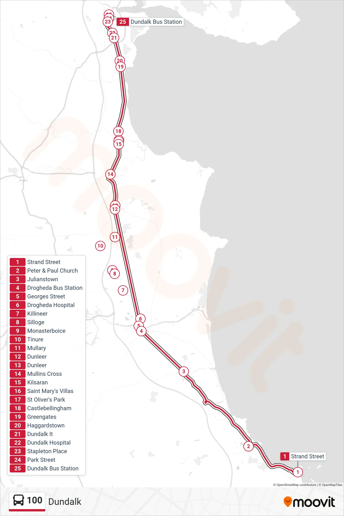 100 bus Line (Dundalk) route and stops on a map