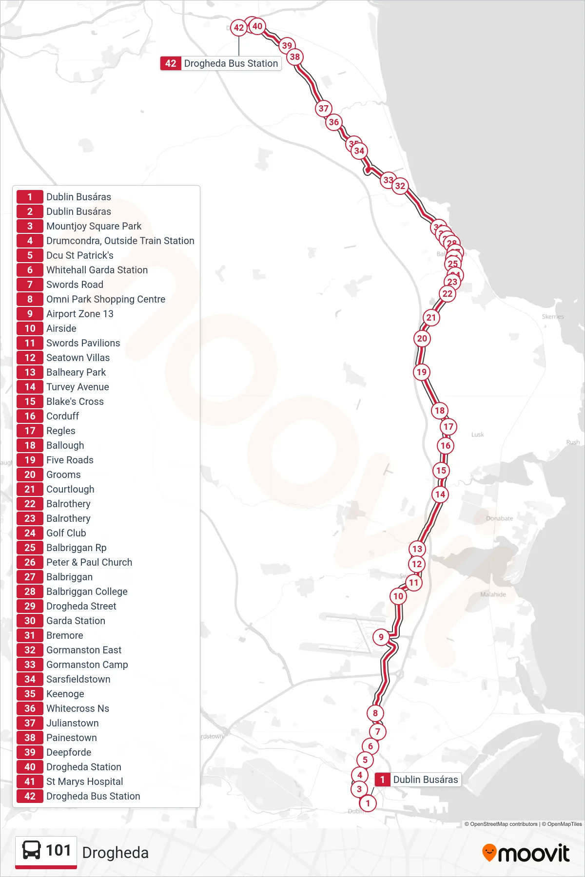 101 bus Line (Drogheda) route and stops on a map