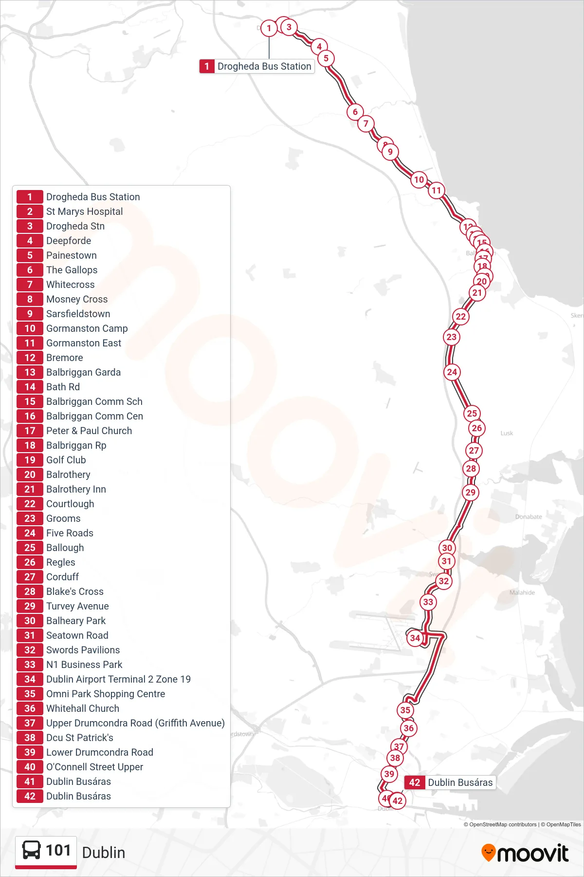 101 bus Line (Dublin) route and stops on a map