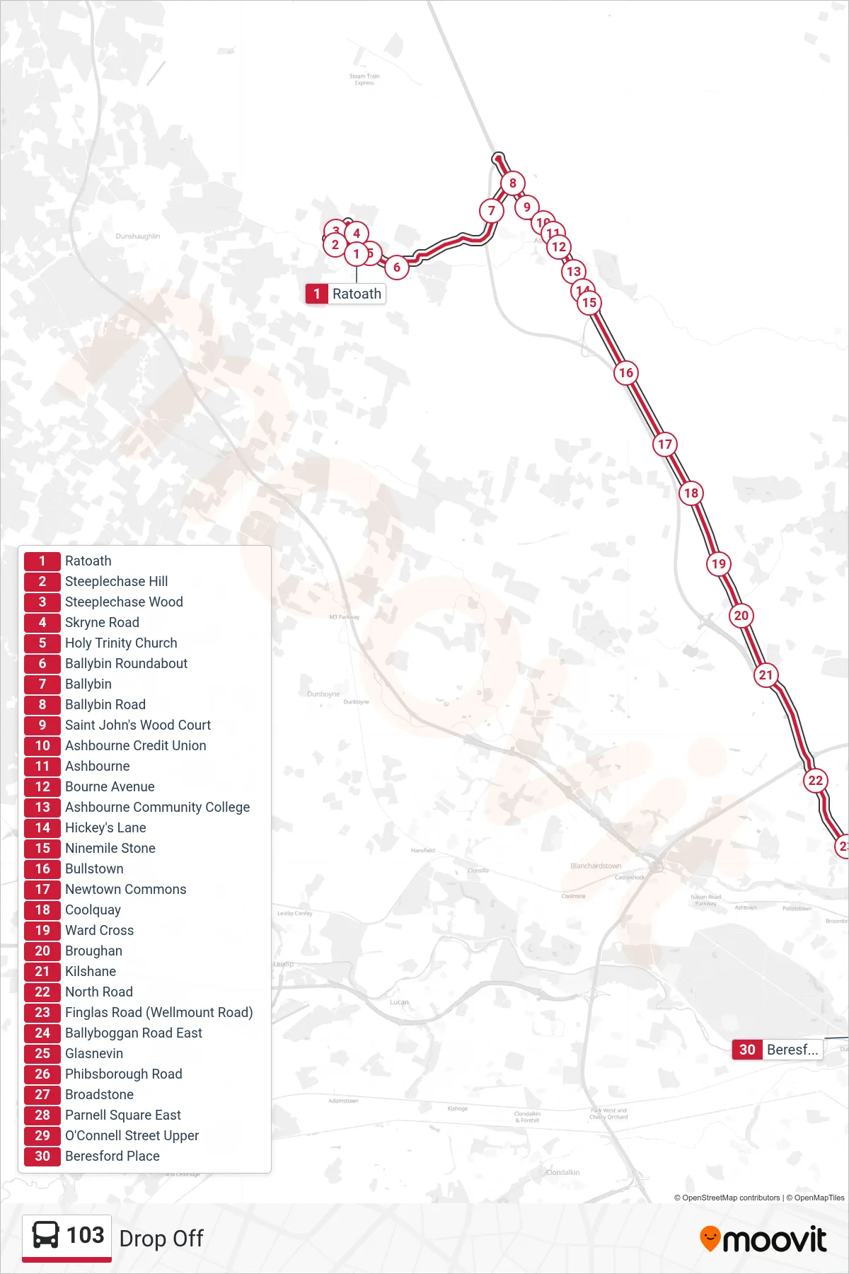 103 bus Line (Drop Off) route and stops on a map