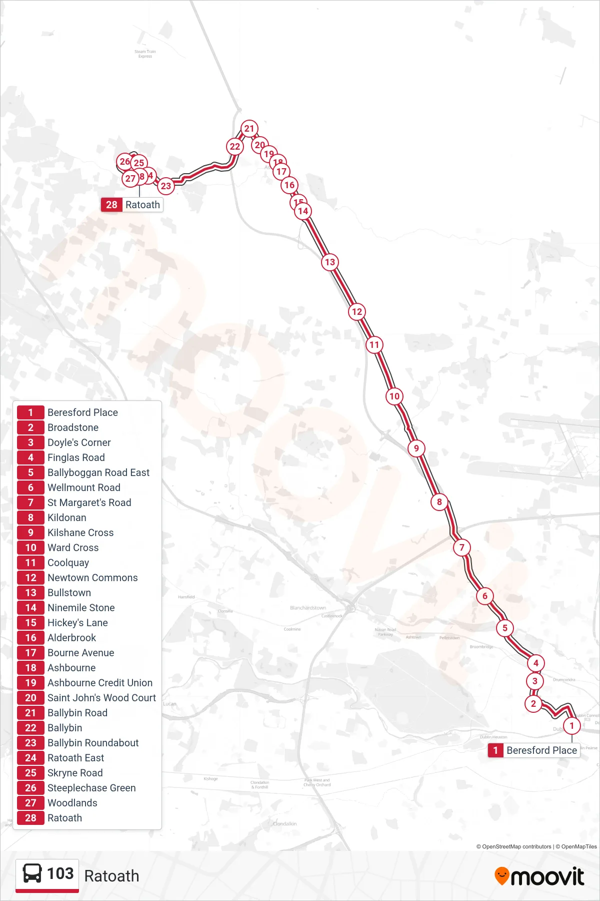 103 bus Line (Ratoath) route and stops on a map