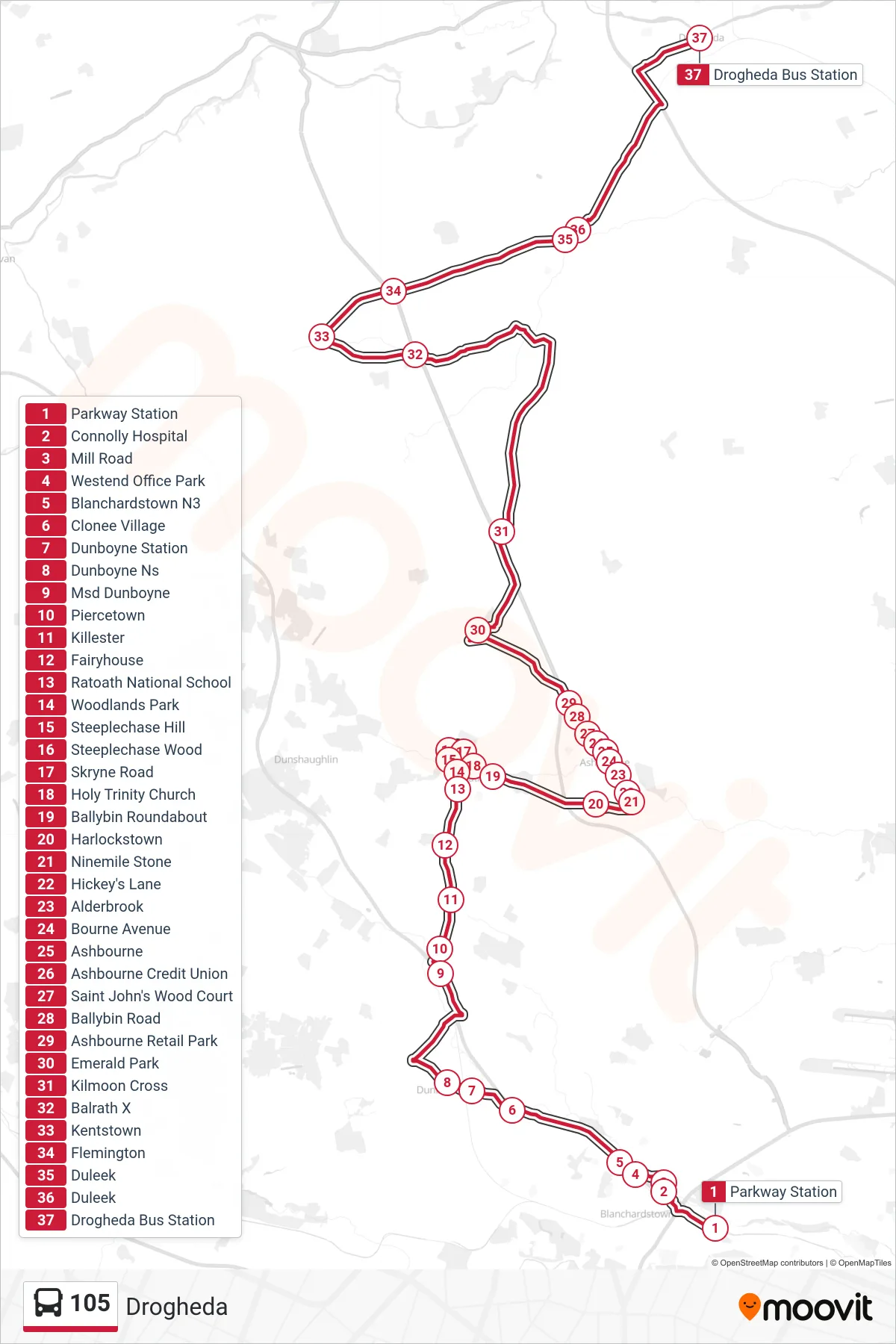105 bus Line (Drogheda) route and stops on a map