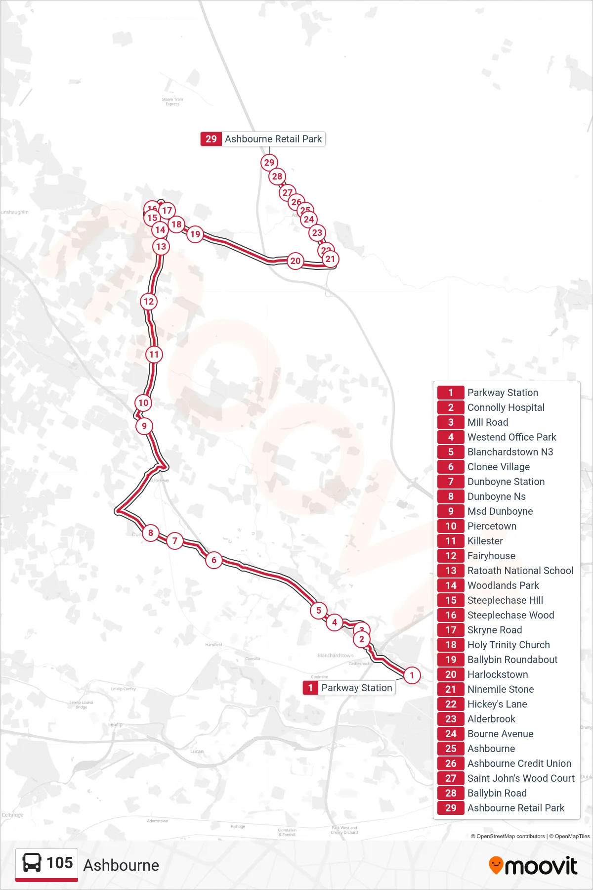 105 bus Line (Ashbourne) route and stops on a map