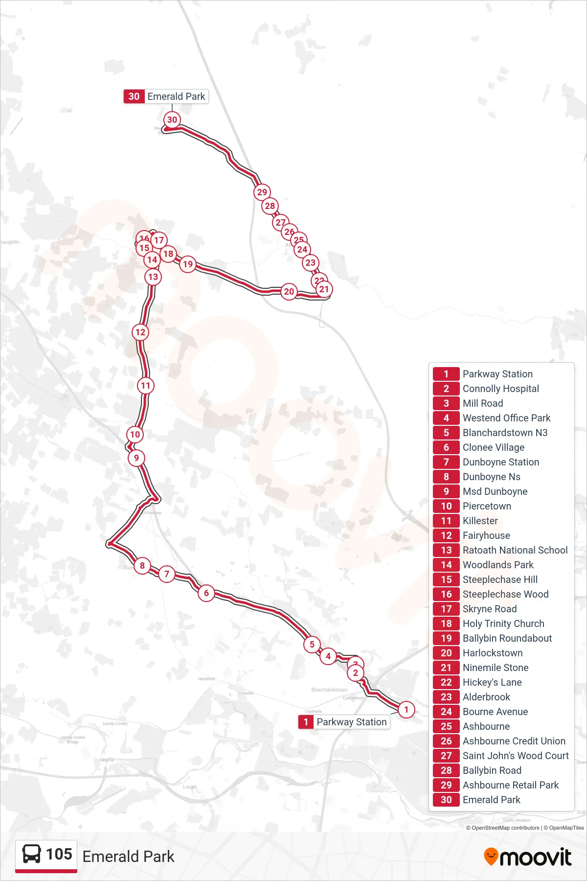 105 bus Line (Emerald Park) route and stops on a map