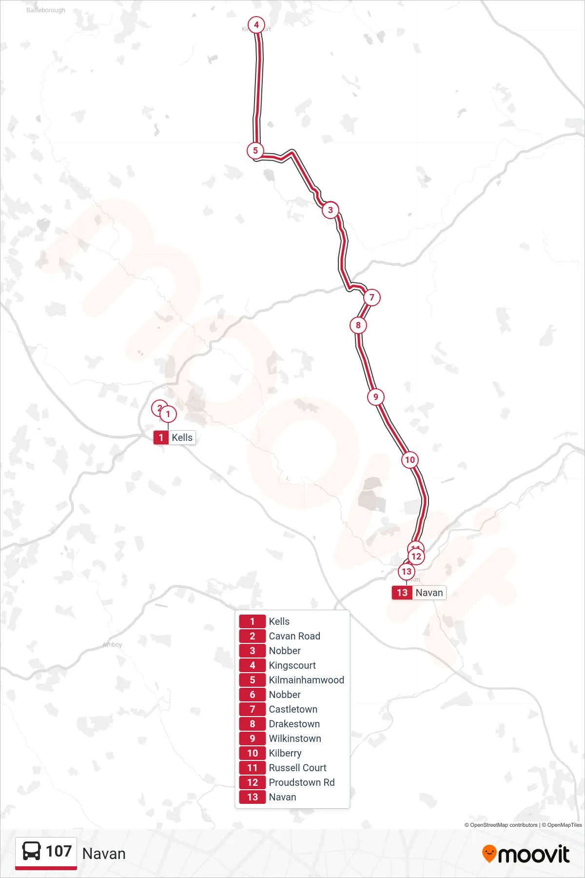 107 bus Line (Navan) route and stops on a map