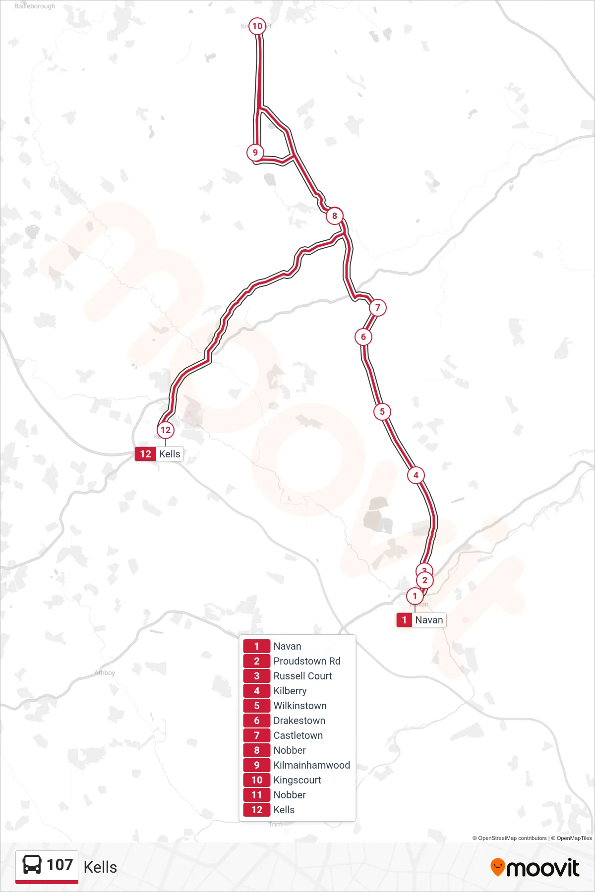 107 bus Line (Kells) route and stops on a map