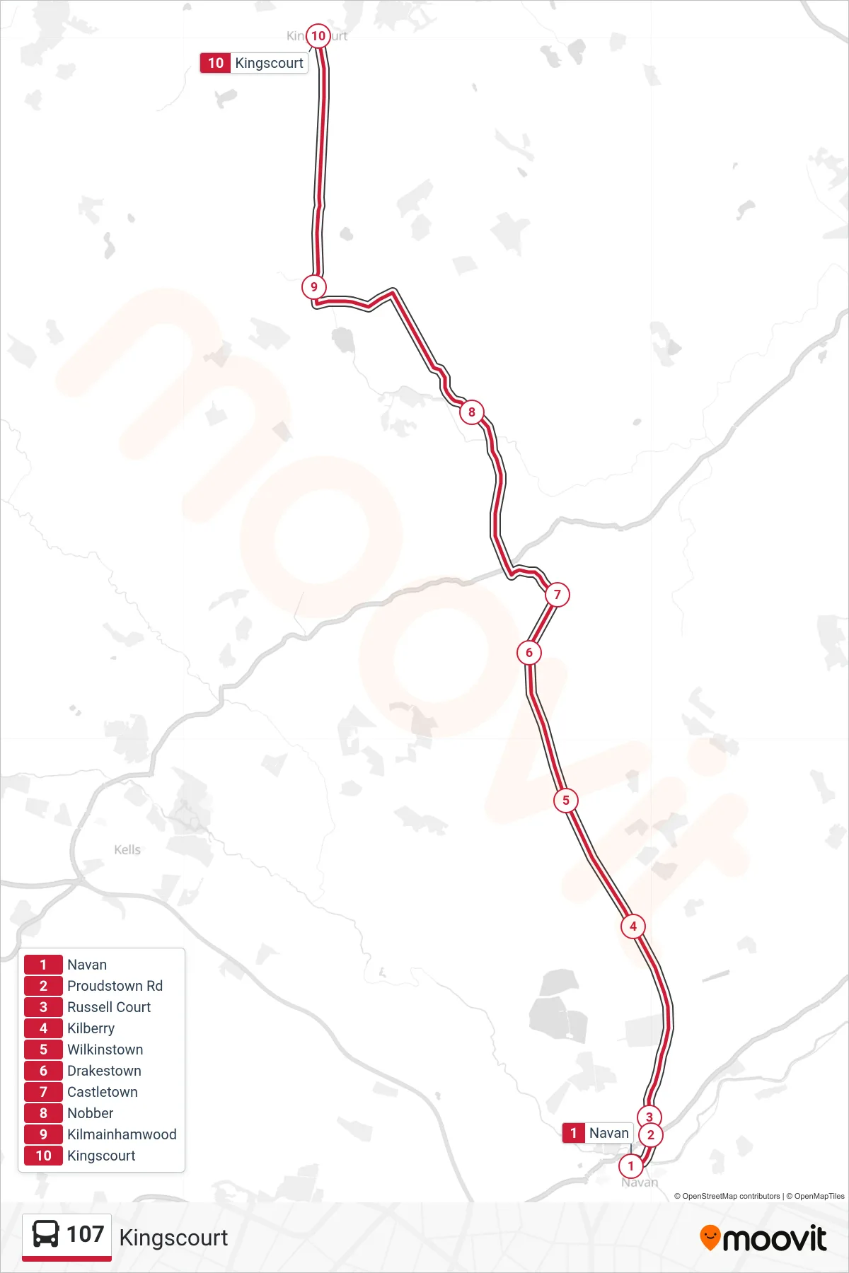 107 bus Line (Kingscourt) route and stops on a map