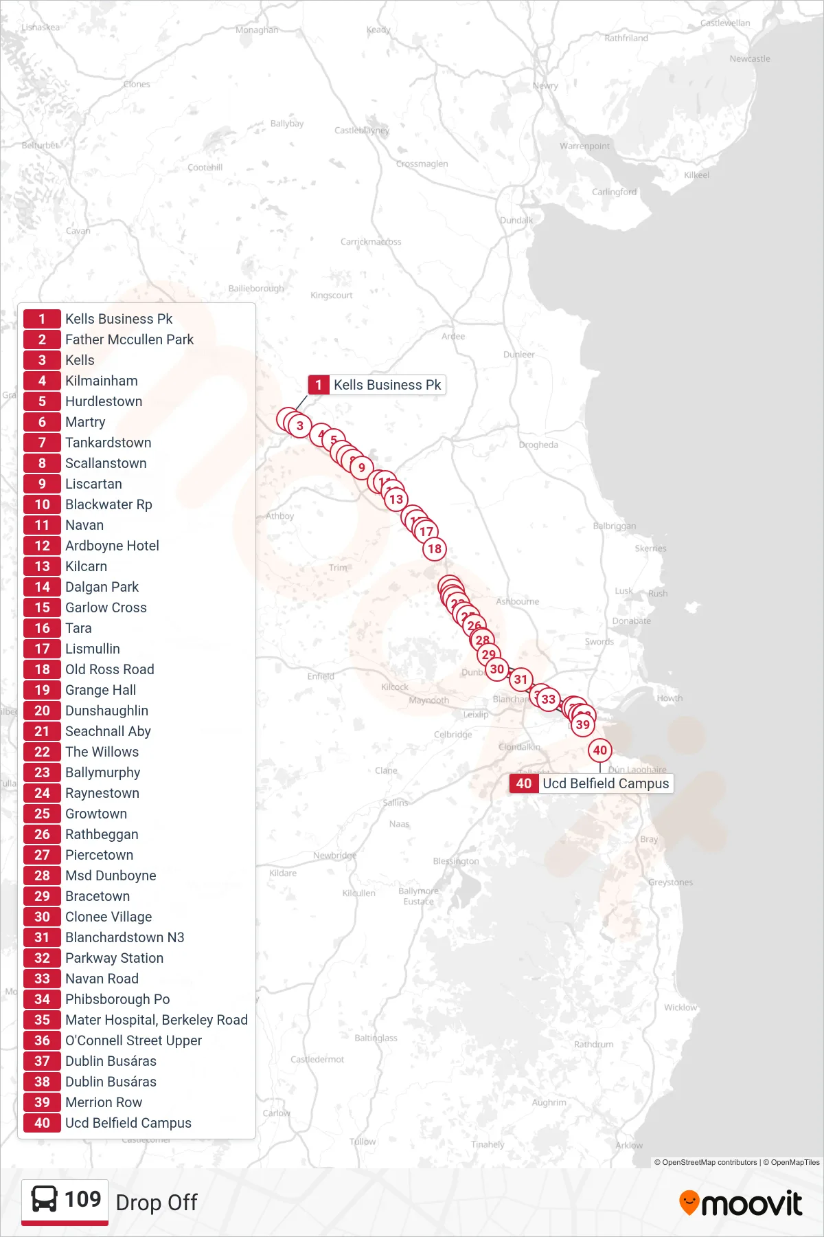 109 bus Line (Drop Off) route and stops on a map