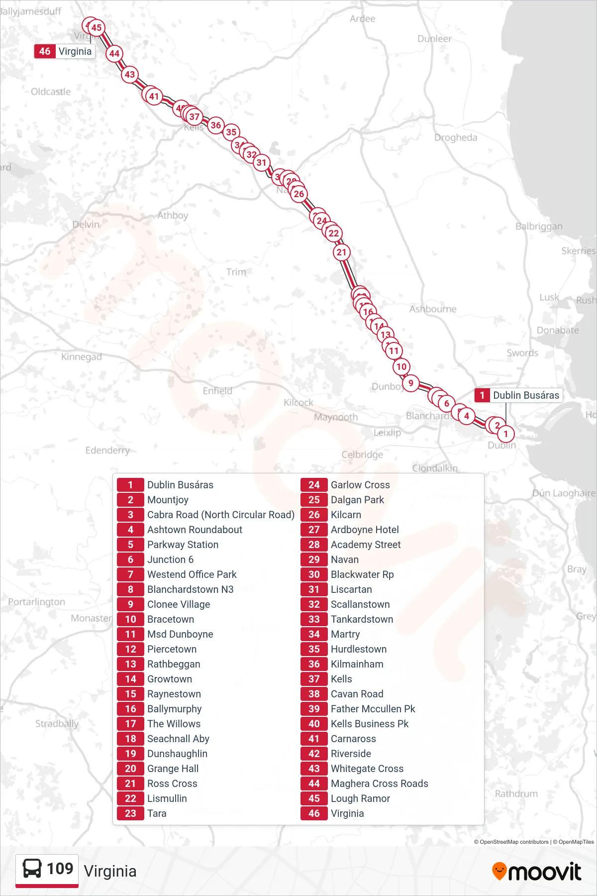 109 bus Line (Virginia) route and stops on a map