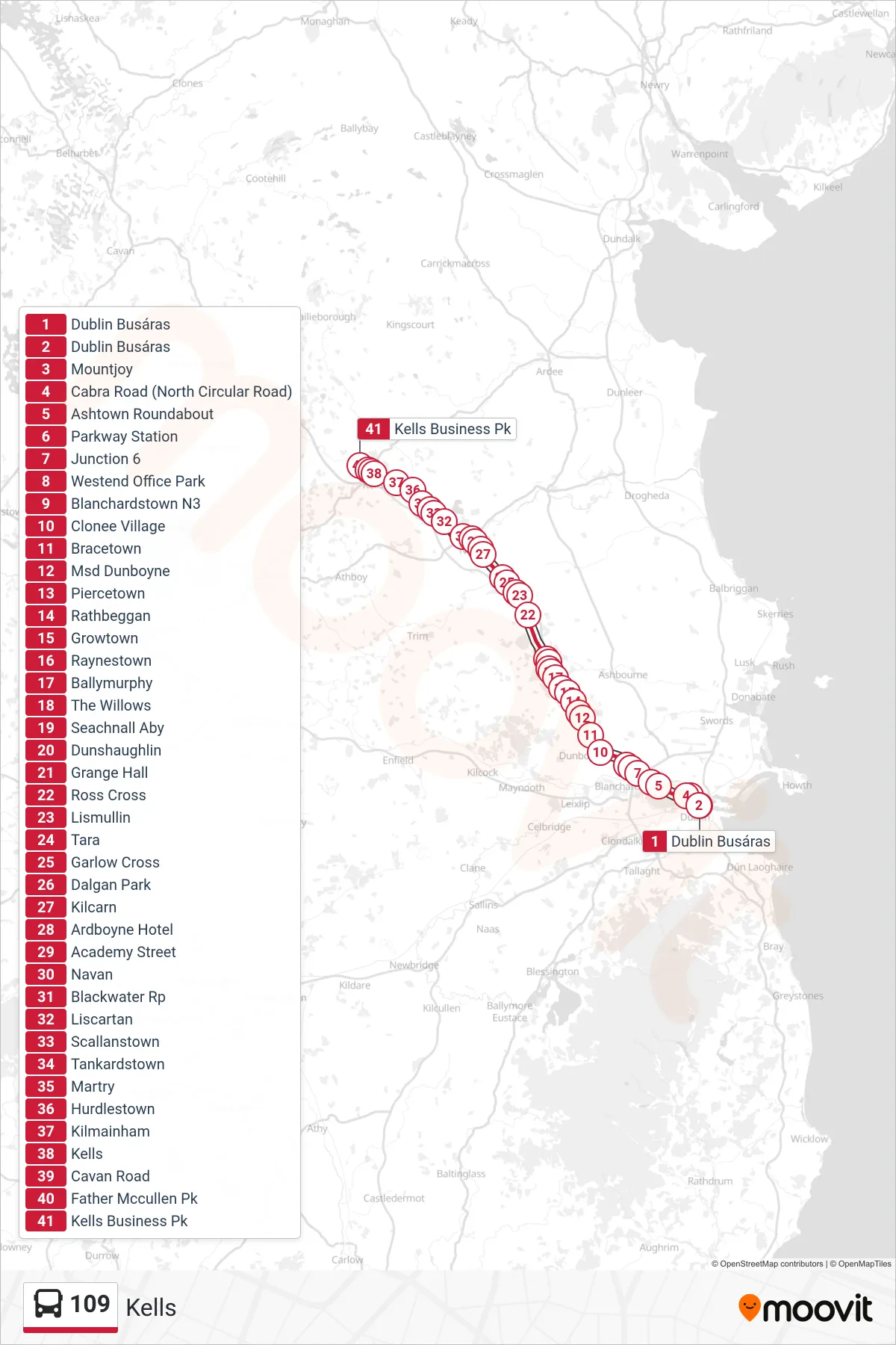 109 bus Line (Kells) route and stops on a map