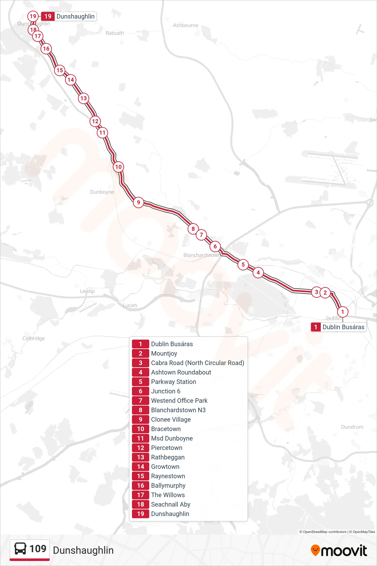 109 bus Line (Dunshaughlin) route and stops on a map