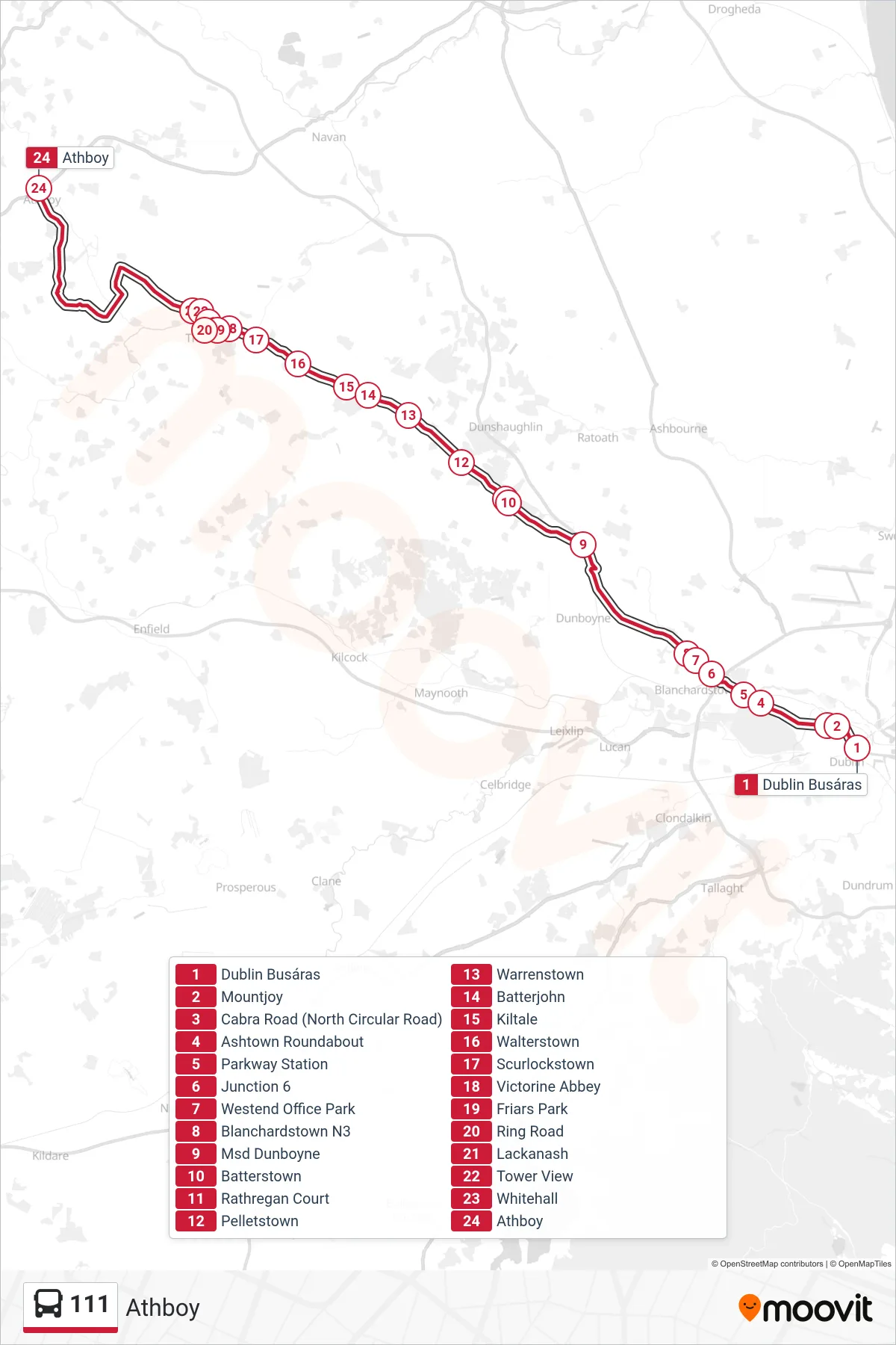 111 bus Line (Athboy) route and stops on a map