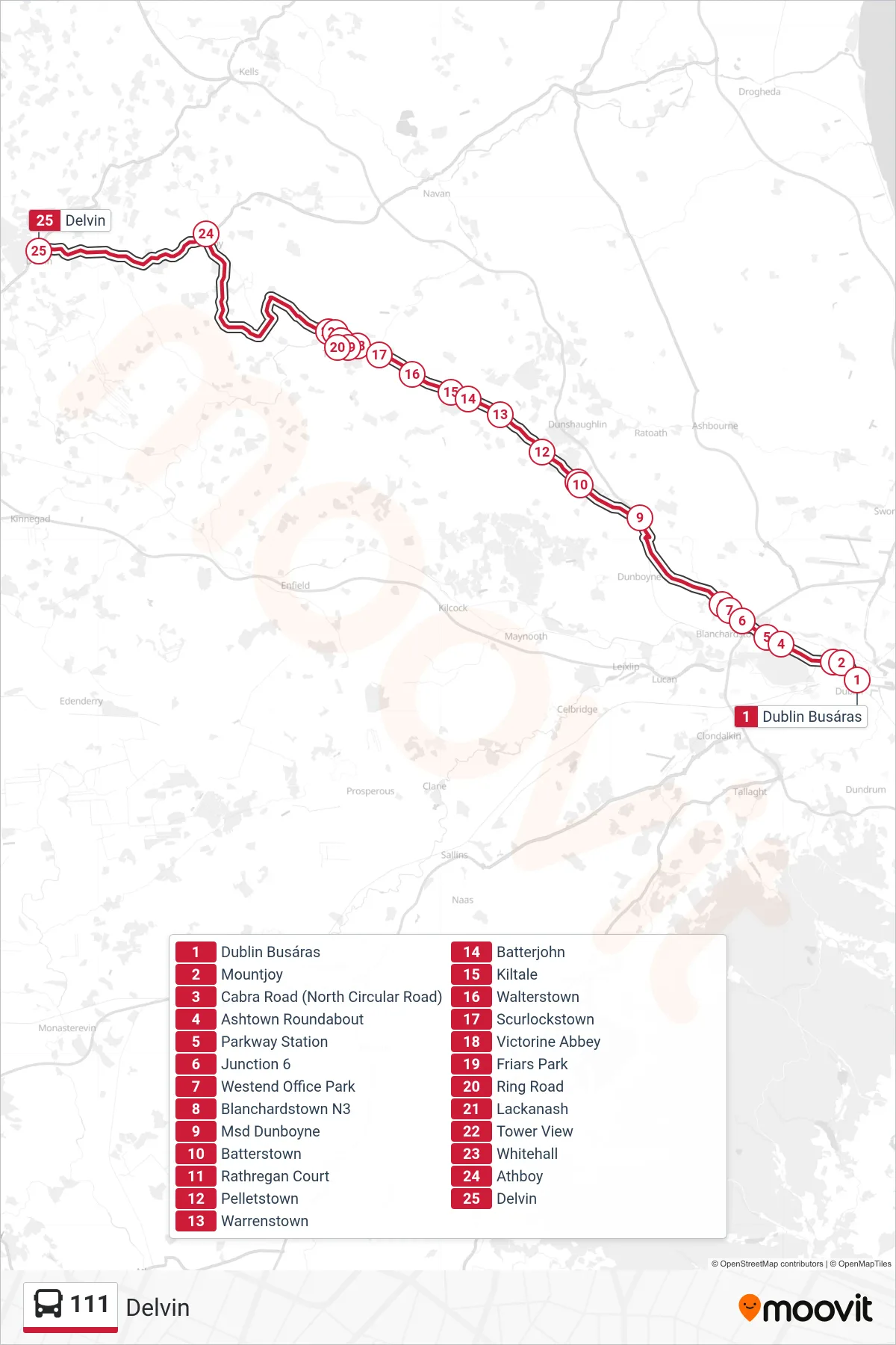 111 bus Line (Delvin) route and stops on a map