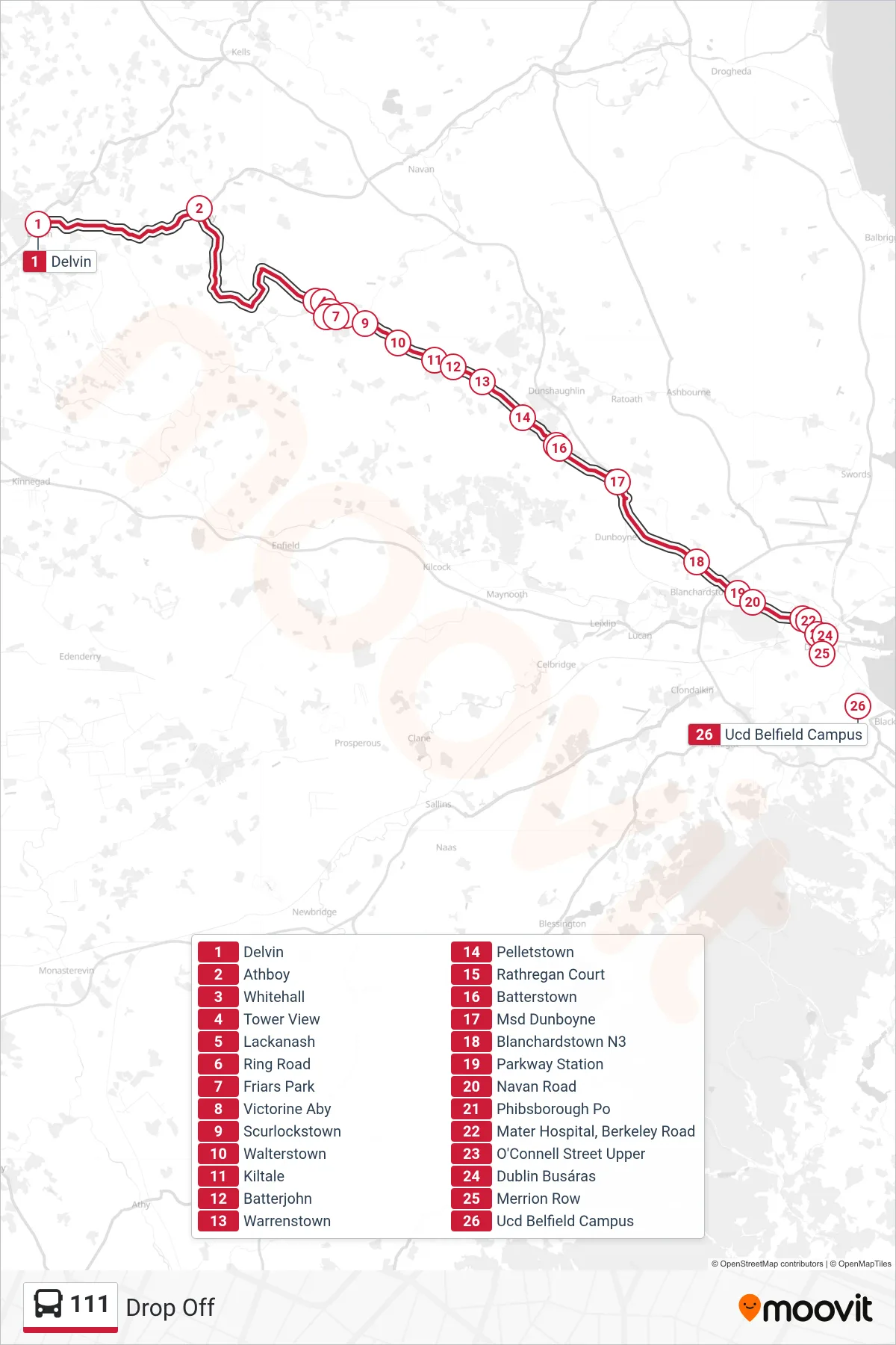 111 bus Line (Drop Off) route and stops on a map