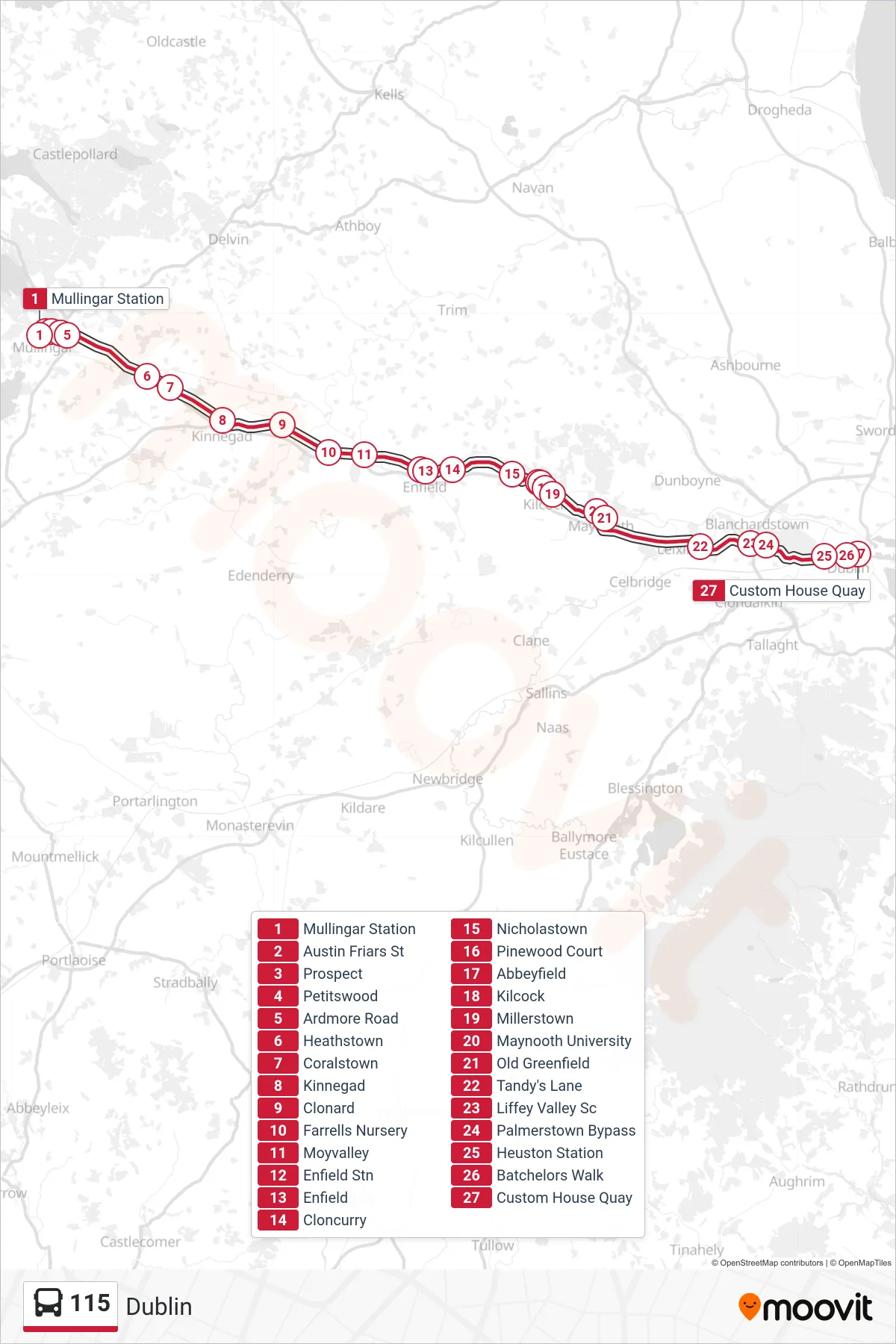 115 bus Line (Dublin) route and stops on a map