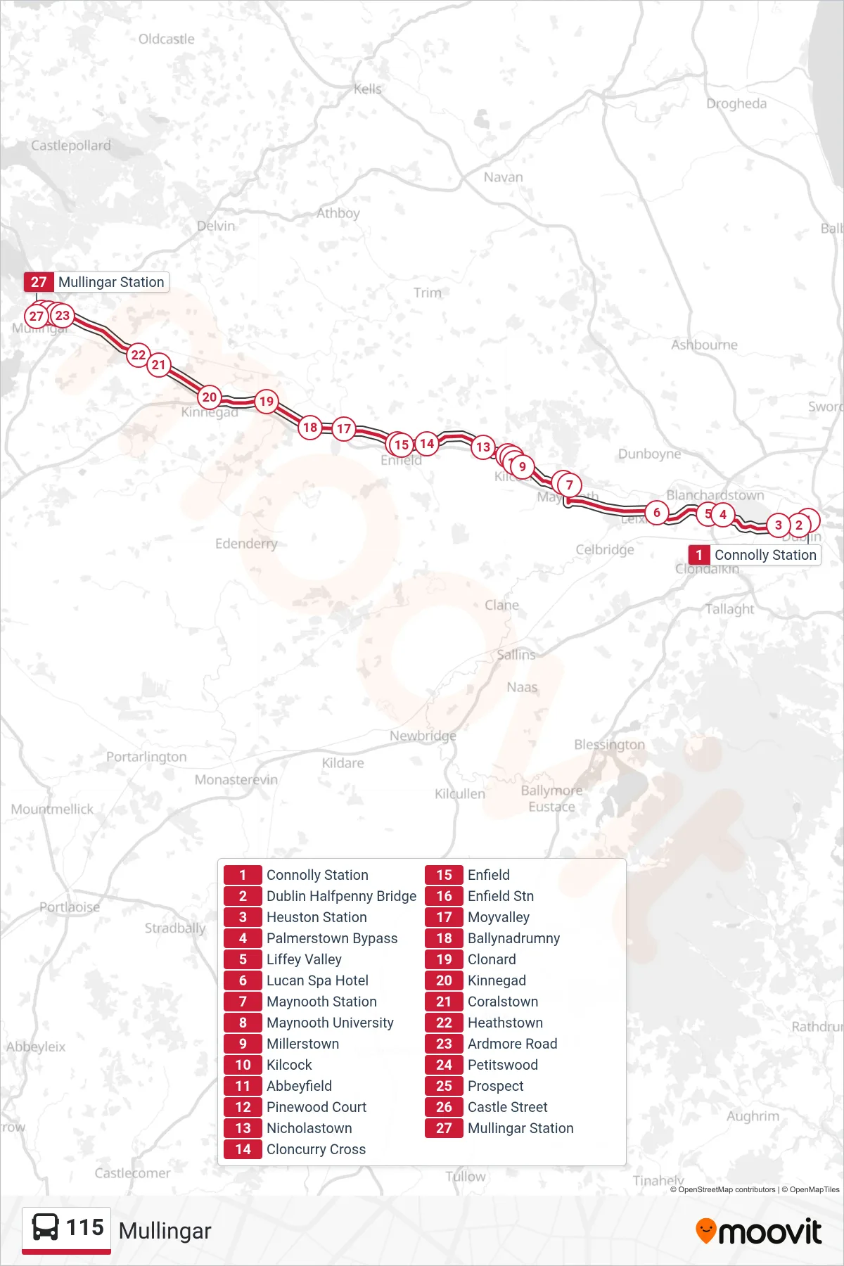 115 bus Line (Mullingar) route and stops on a map