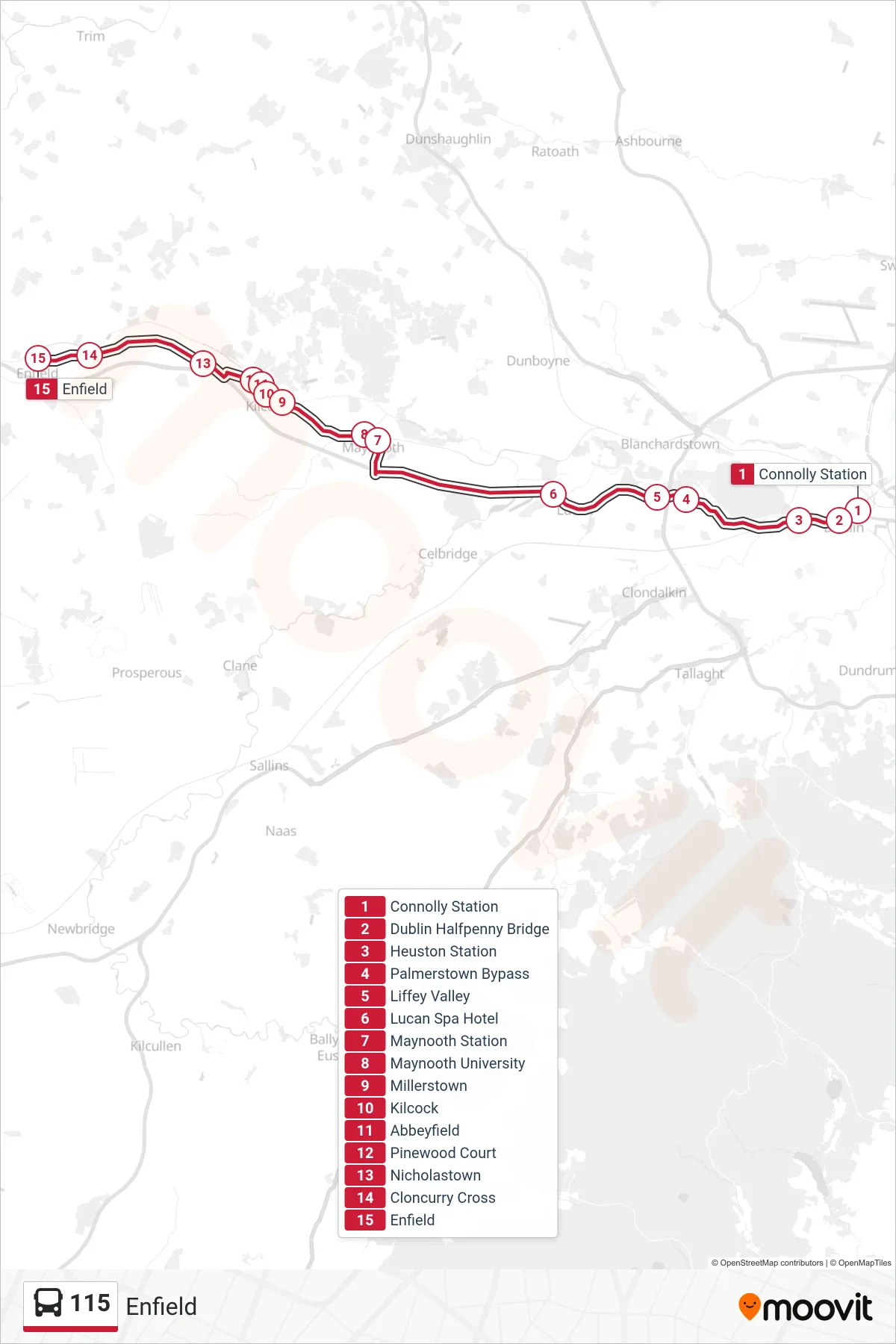 115 bus Line (Enfield) route and stops on a map