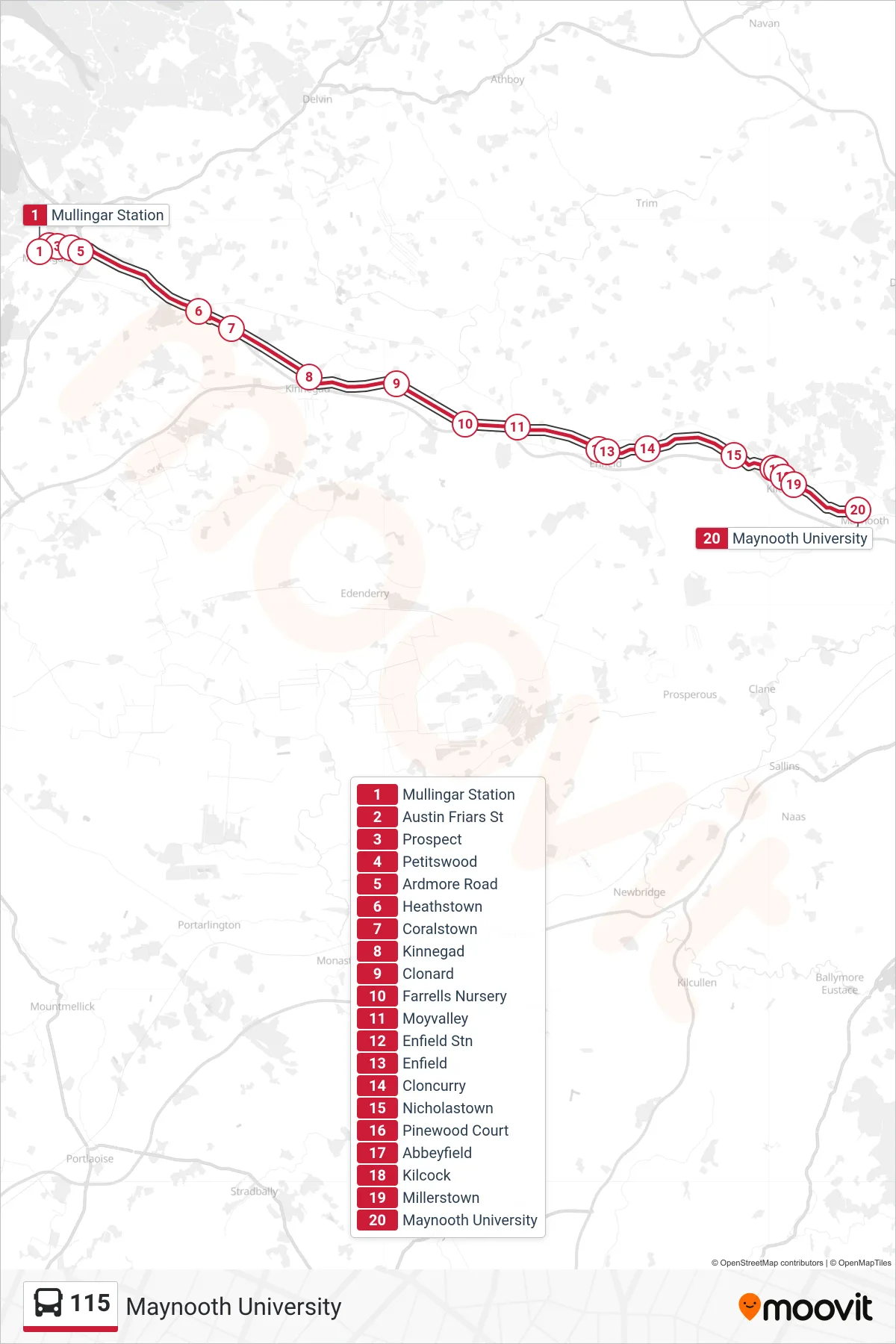 115 bus Line (Maynooth University) route and stops on a map