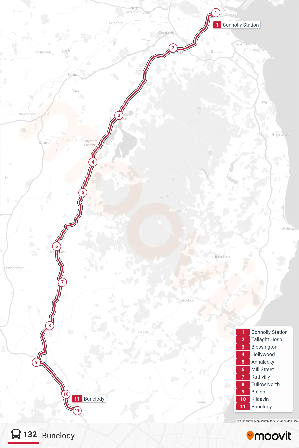 132 bus Line (Bunclody) route and stops on a map