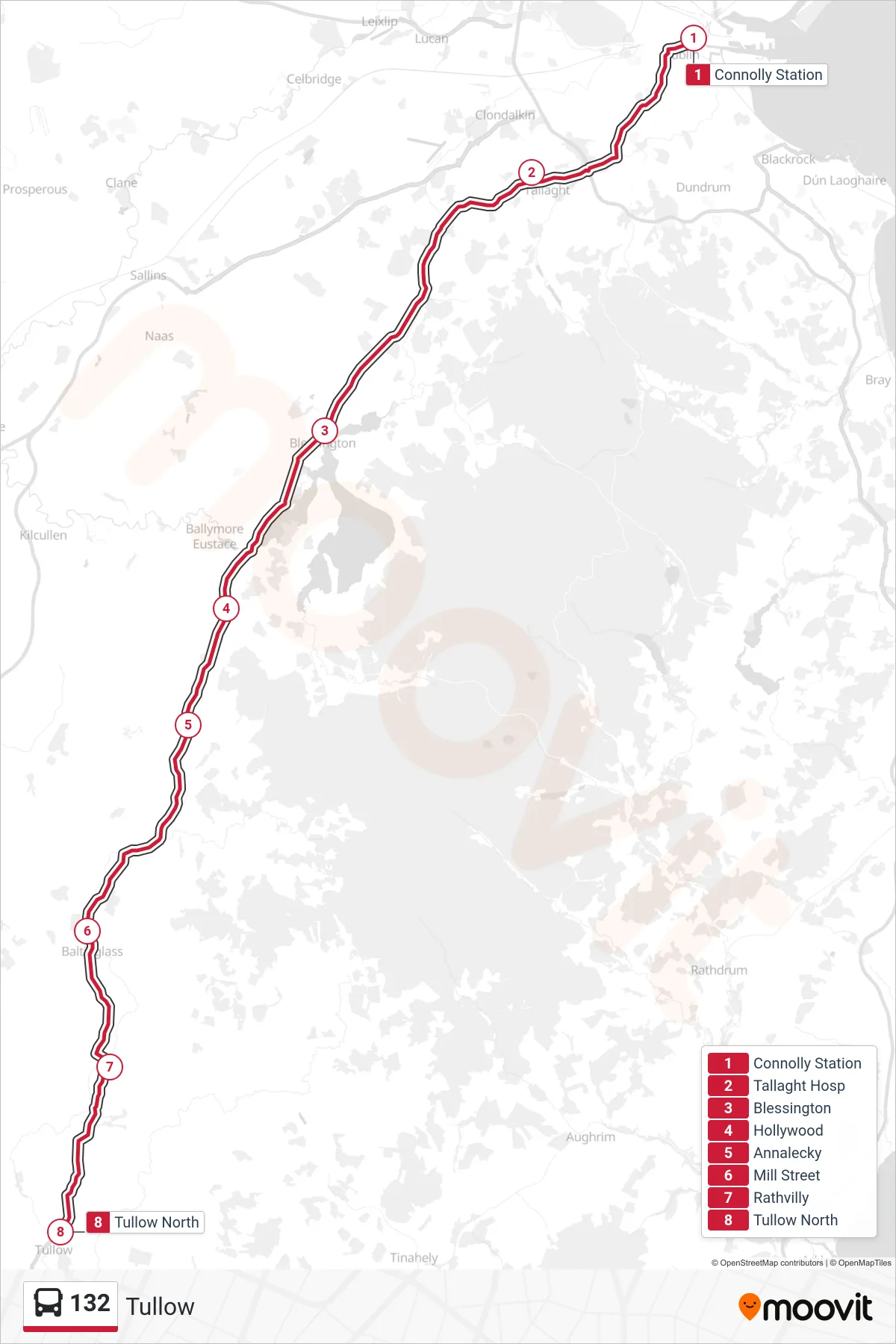 132 bus Line (Tullow) route and stops on a map