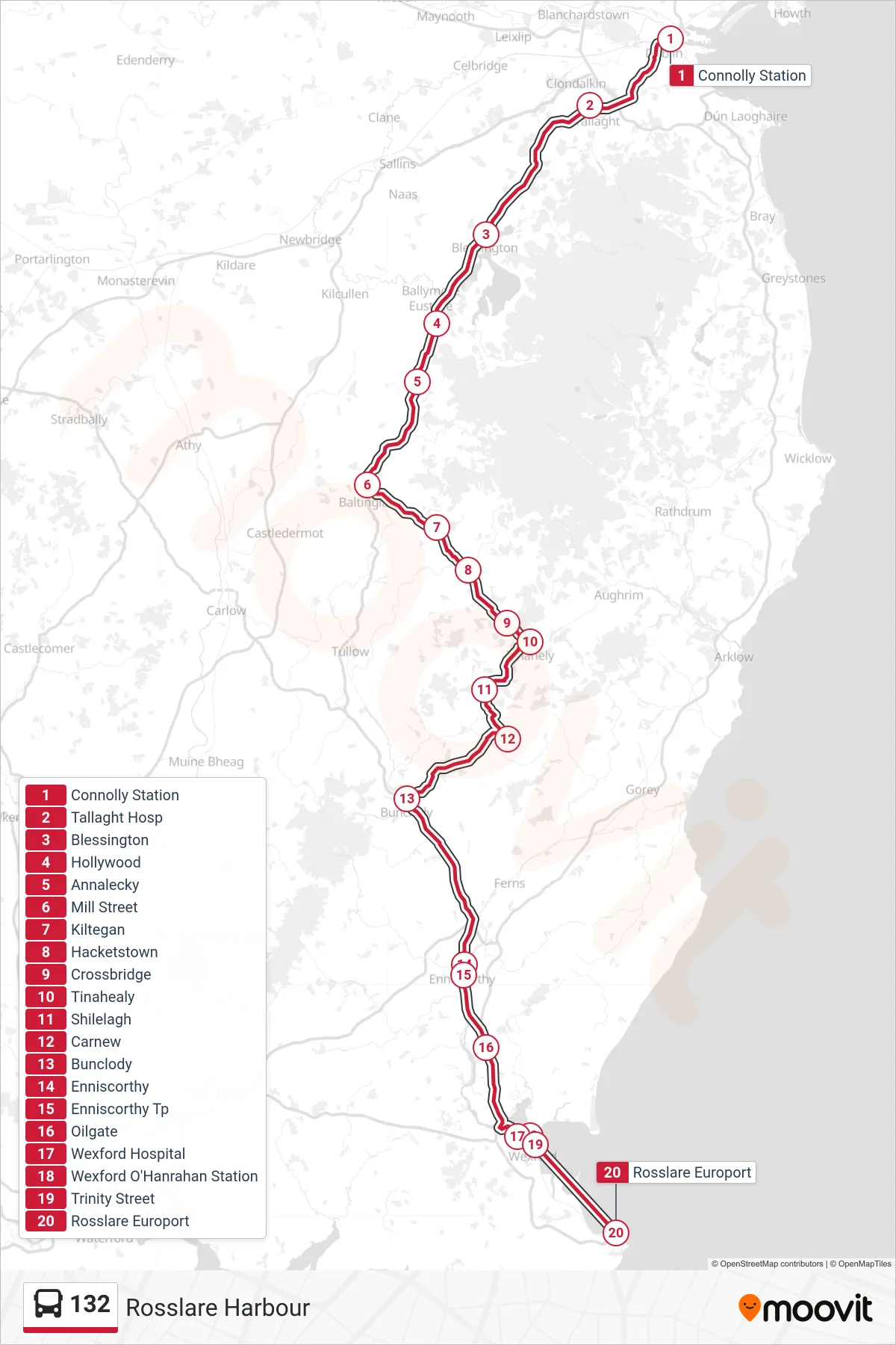 132 bus Line (Rosslare Harbour) route and stops on a map